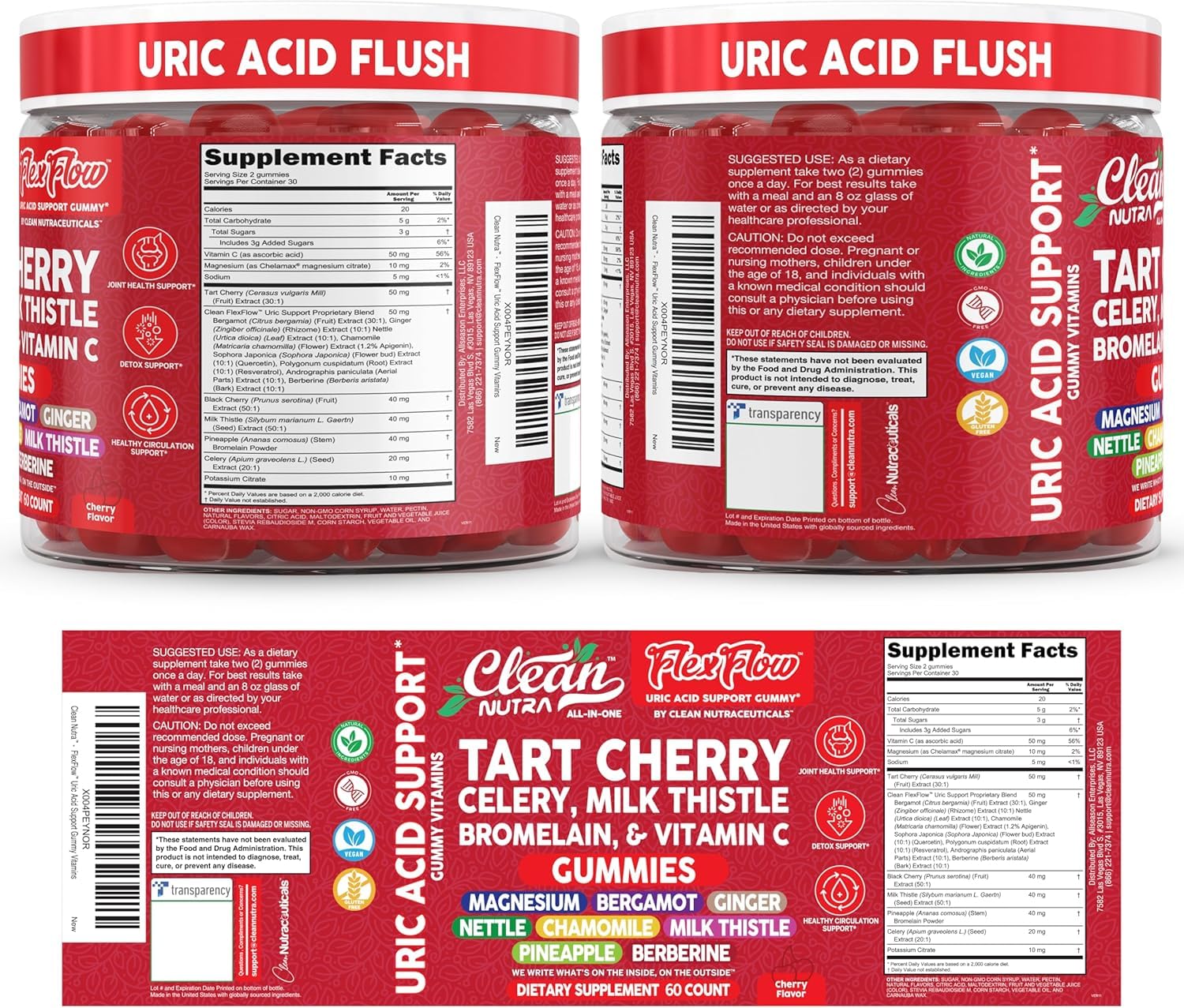 Clean Nutra Tart Cherry Gummies Uric Acid Flush Celery Milk Thistle Bromelain Vitamin C Magnesium Citrus Bergamot Ginger Stinging Nettle Leaf Chamomile Berberine Quercetin Support 60 Gummy Vitamins Clean Nutraceuticals Au supplements