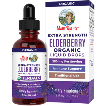 MaryRuth Organics Elderberry Syrup Extra Strength, USDA Organic Elderberry, Sugar Free Adults & Kids Immune Support Supplement for Ages 1+, Clean Label Project Verified®, Vegan, Gluten Free, 2 Fl Oz MARYRUTH'S Au supplements