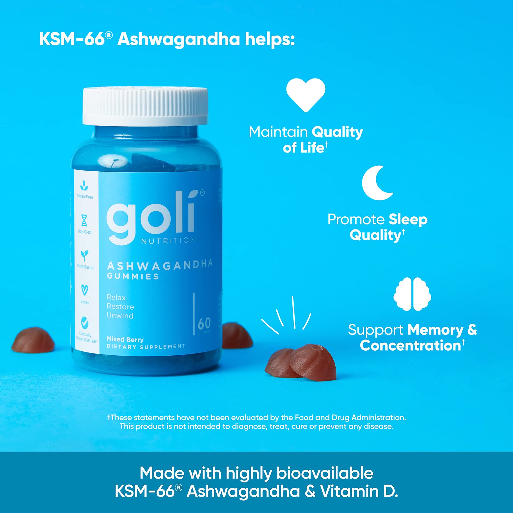 Goli Ashwagandha & Vitamin D Gummy - 180 Count - Mixed Berry, KSM-66, Vegan Goli Au supplements