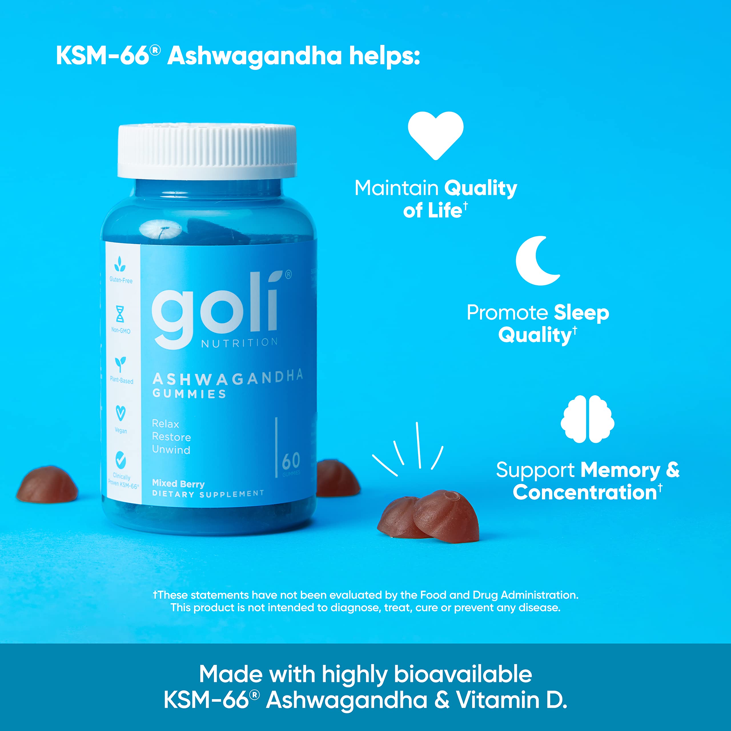 Goli Ashwagandha & Vitamin D Gummy - 180 Count - Mixed Berry, KSM-66, Vegan Goli Au supplements