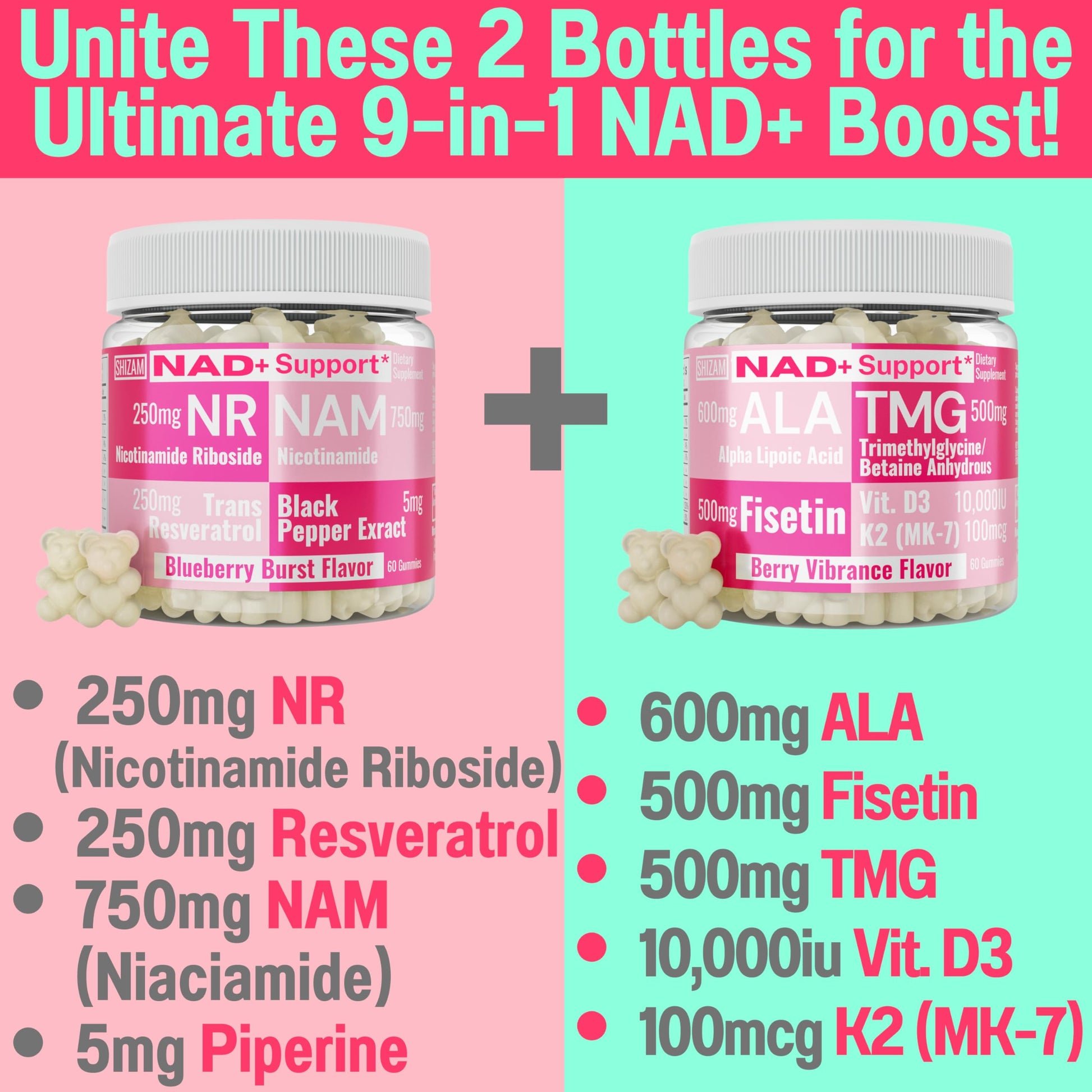 SHIZAM TMG Betaine Alpha Lipoic Acid ALA D3 Fisetin Gummies, Tri-Methylglycine trimethylglycine R-Alpha NAD+ Plus + HCL Supplements, Mitochondrial Senolytic Activator, NR Capsules Powder 600mg 1000mg SHIZAM Au supplements