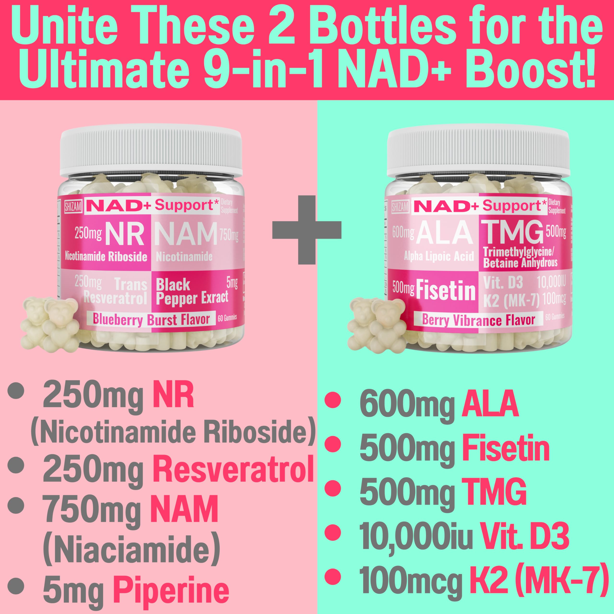 SHIZAM TMG Betaine Alpha Lipoic Acid ALA D3 Fisetin Gummies, Tri-Methylglycine trimethylglycine R-Alpha NAD+ Plus + HCL Supplements, Mitochondrial Senolytic Activator, NR Capsules Powder 600mg 1000mg SHIZAM Au supplements
