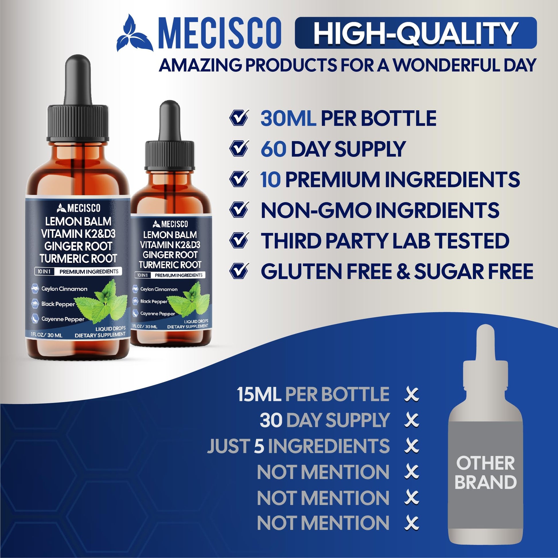 10in1 Lemon Balm Liquid Drops Blend Includes Vitamin D3, Vitamin K2, Lemon Balm, Ginger, Turmeric, Ceylon Cinnamon, Black Pepper, Cayenne Pepper, Berberine, Valerian Root - 1 FL Oz - 2 Month Supply Mecisco Au supplements