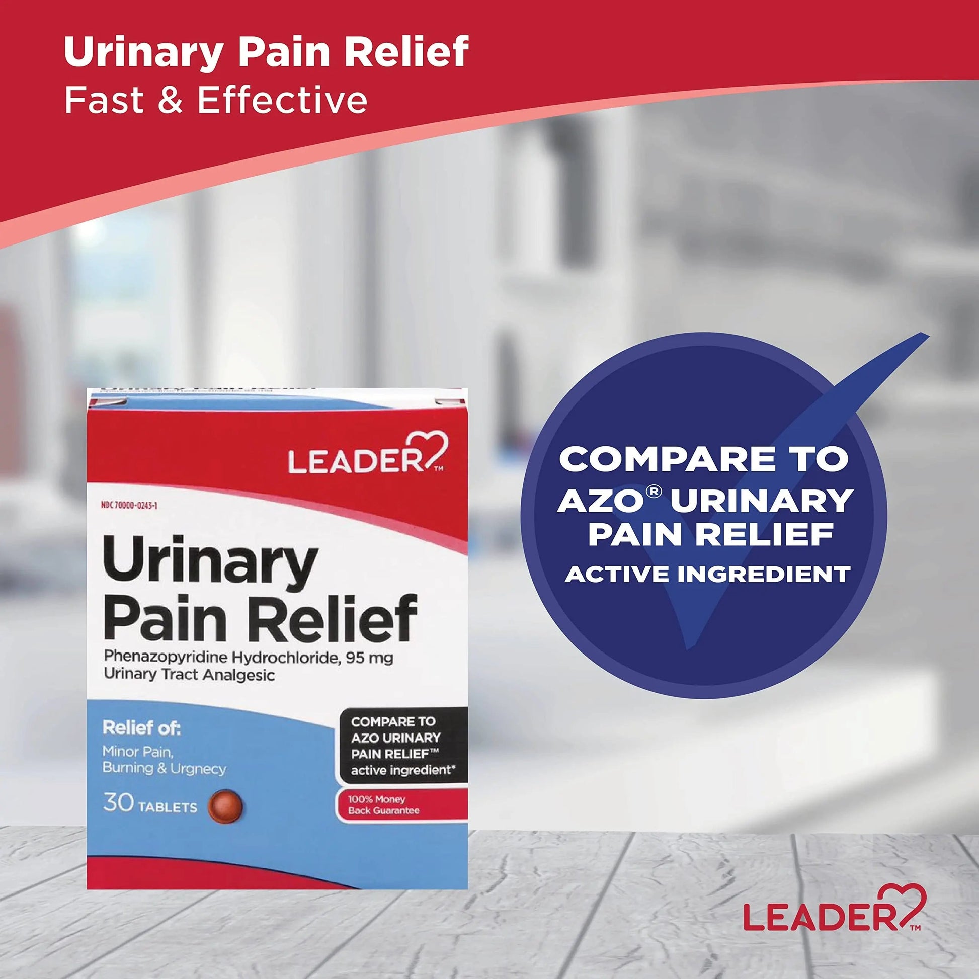 Leader Urinary Pain Relief Maximum Strength, Urinary Tract Analgesic, Relieves Burning and Urgency, Phenazopyridine Hydrochloride 95 mg, for Adults, Both Men & Women, 30 Tablets Leader Au supplements