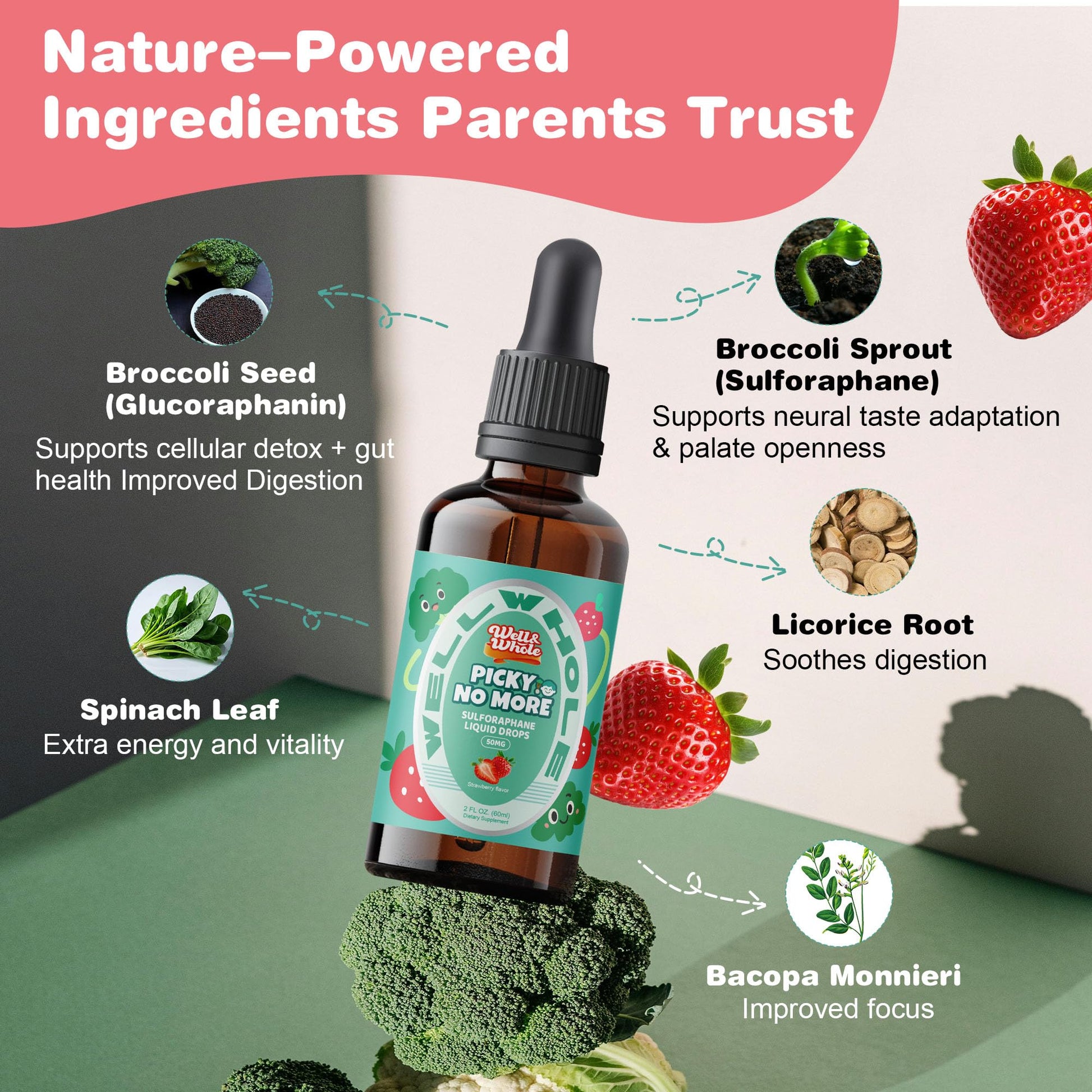 Well&Whole Sulforaphane Kids Liquid Supplement – Pick No More Broccoli Sprout Extract Drops, Hidden Greens for Picky Eaters, Daily Nutrition Support, Sugar-Free, Vegan, 60mL Well&Whole Au supplements