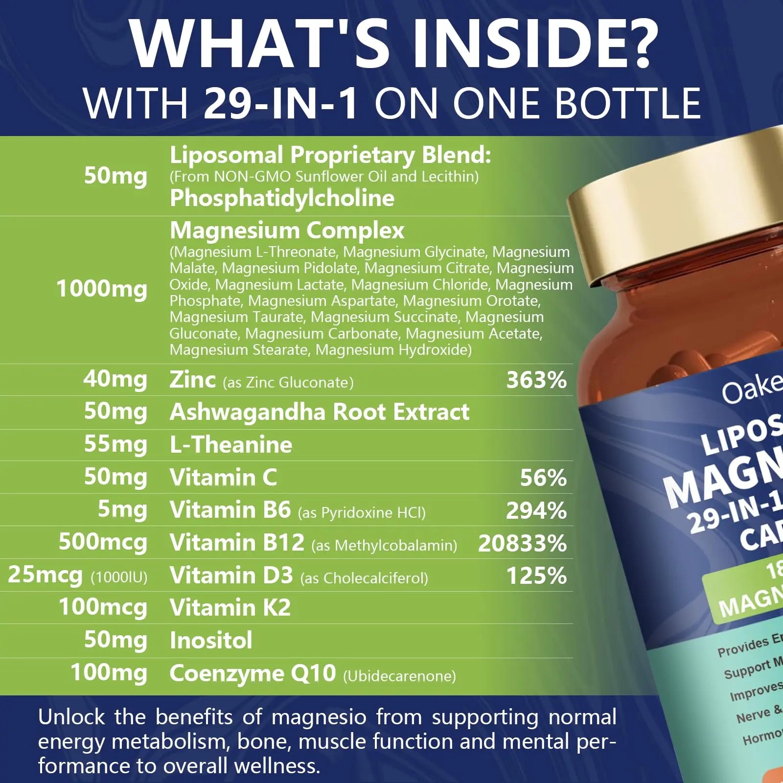 29-in-1 Liposomal 18 Active Types Magnesium Complex 1400MG Capsule,L-Threonate Glycinate Malate etc,Mild & Efficient,Extra Vitamin B6 B12 D3K2 & CoQ10, Relaxation Nerve* & Hert* Support Oakevlp Au supplements