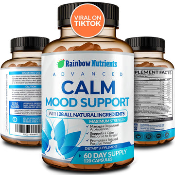28 in 1 Calm Mood Support Supplement- Natural Happy Pills for Occasional Anxiousness & Stress, Worry feelings, Relaxation, Mental Clarity | Max Sleep & Mood Support for Women & Men|120 Vegan Capsules Rainbow Nutrients, LLC Au supplements