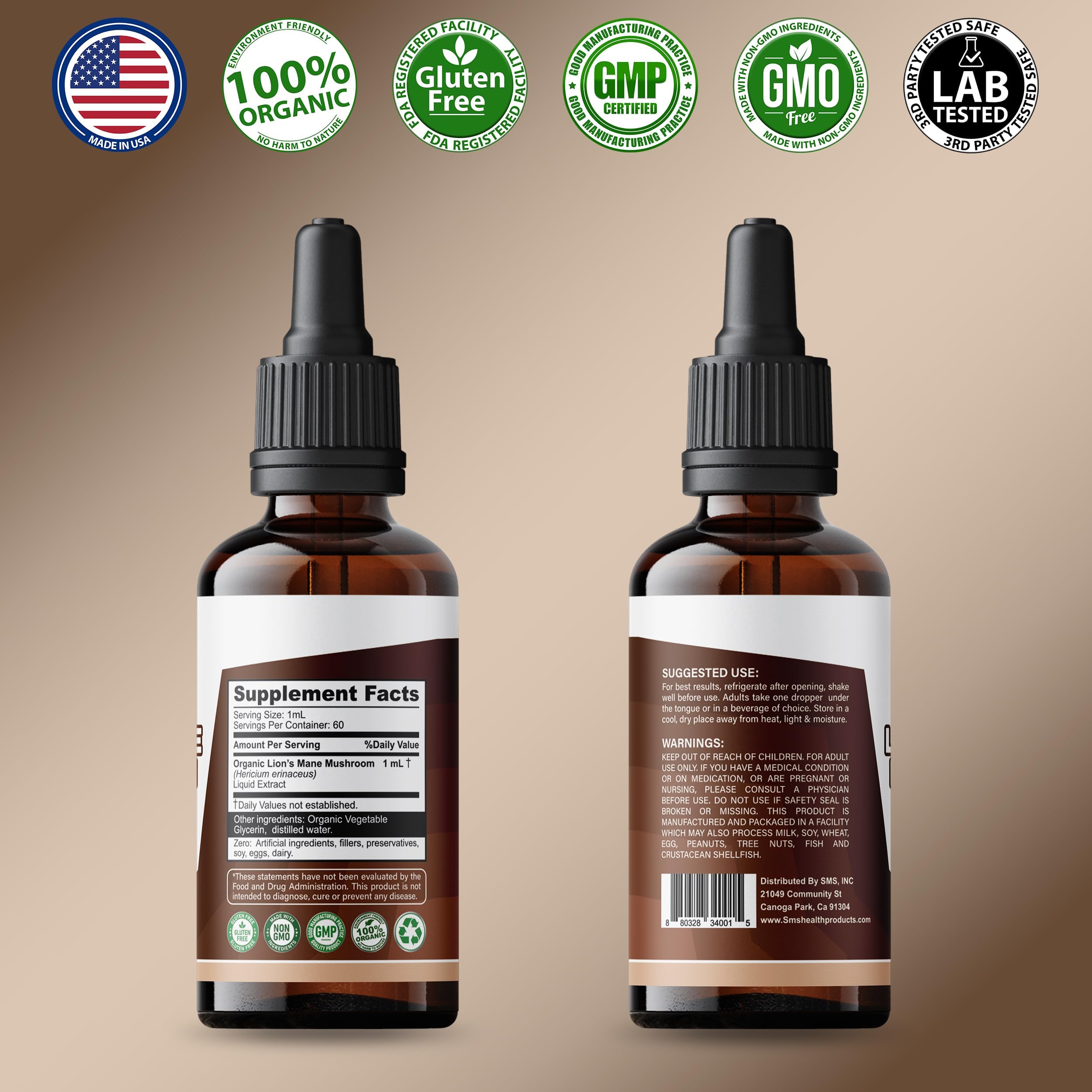 Lion's Mane Mushroom Drops Supplement, Lions Mane Tincture, Natural SMSHEALTHPRODUCTS.com Au supplements