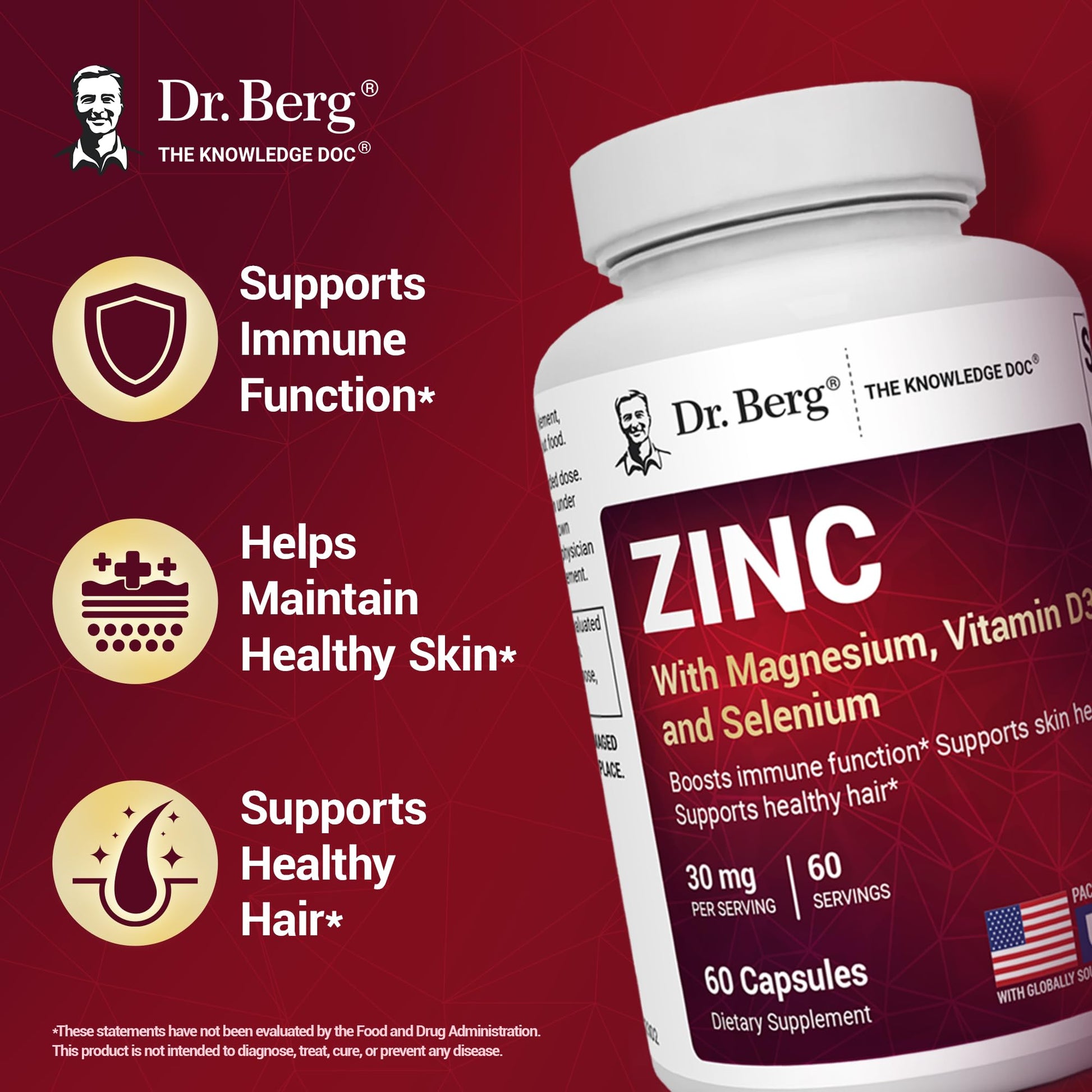 Dr. Berg Zinc 30mg Enhanced with Magnesium, Vitamin D3, Selenium, & Copper - Zinc Supplements for Men & Women - Chelated Zinc for Immune, Skin, Hair, & Nails Support* - 60 Capsules Dr. Berg Nutritionals Au supplements