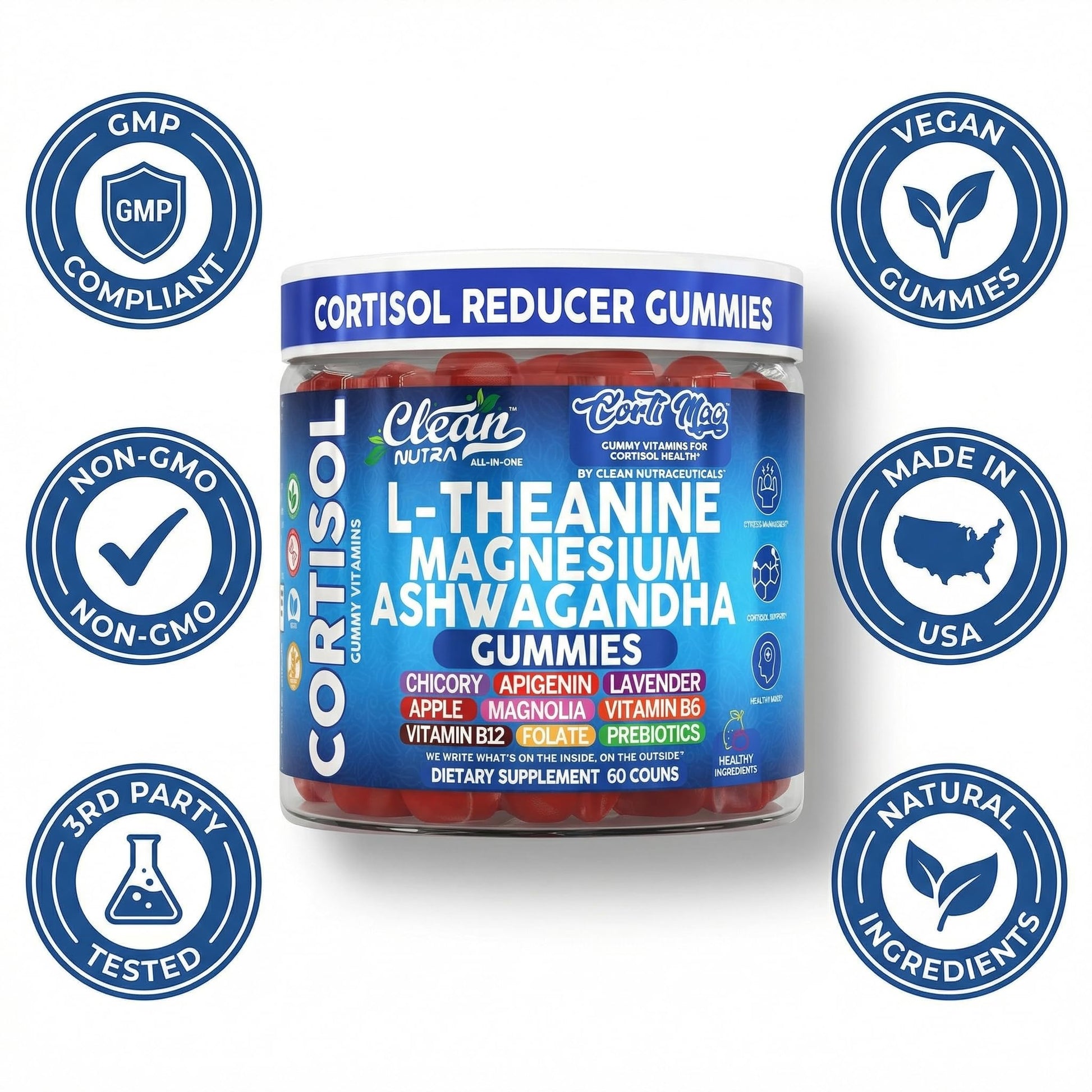 Clean Nutra Cortisol Supplement Gummies L-Theanine Magnesium Ashwagandha Apigenin Vitamin B6 Sleep and Calm Support Lavender Chicory Prebiotic Advanced Gummy Formula Clean Nutraceuticals Au supplements