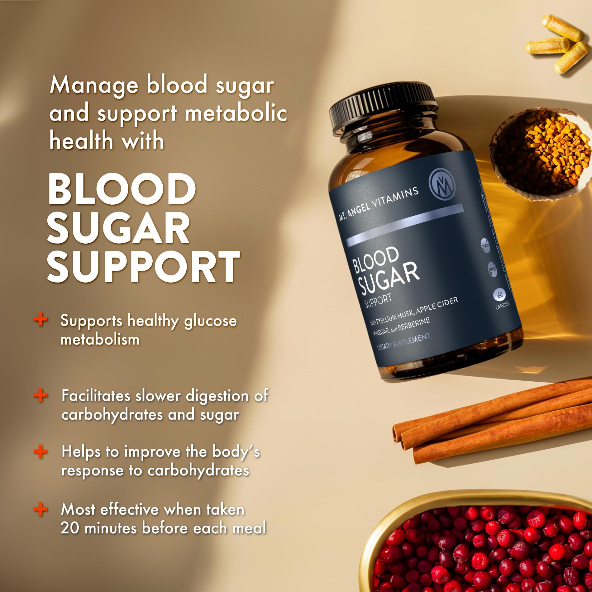 Mt. Angel Vitamins Blood Sugar Support Supplement - Natural Supplement with Pysllium Husk, Berberine with Ceylon Cinnamon, and Apple Cider Vinegar - Supports Healthy Blood Sugar Levels - 60 Capsules Mt. Angel Vitamins Au supplements