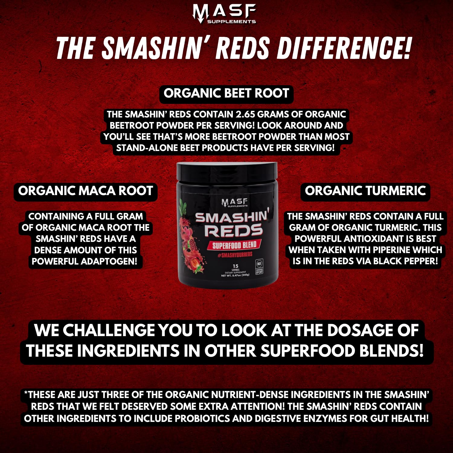 MASF Smashin' Reds Organic Superfood Supplements - 15 Servings - NSF Sport, Super Reds for Digestive Health, Energy, Endurance, Beet Root, Maca, Turmeric, Ginger, Acai, Nitric Oxide Production MASF Au supplements
