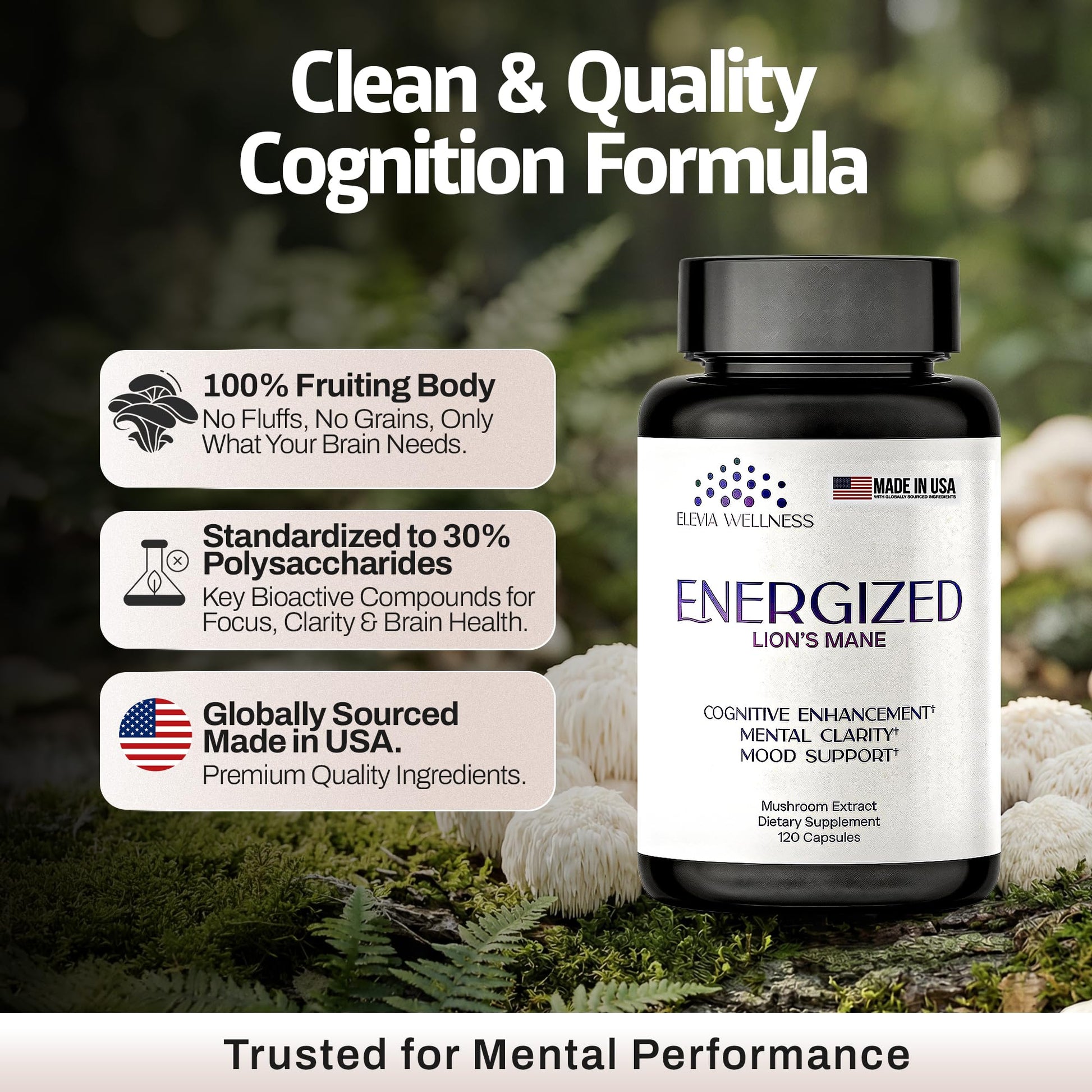 Energized Lions Mane Supplement Capsules (120ct),Brain Supplements for Memory and Focus, Nootropic for Brain Fog Relief Made in USA,30% Polysaccharides,Natural Brain Health Support Elevia Wellness Au supplements