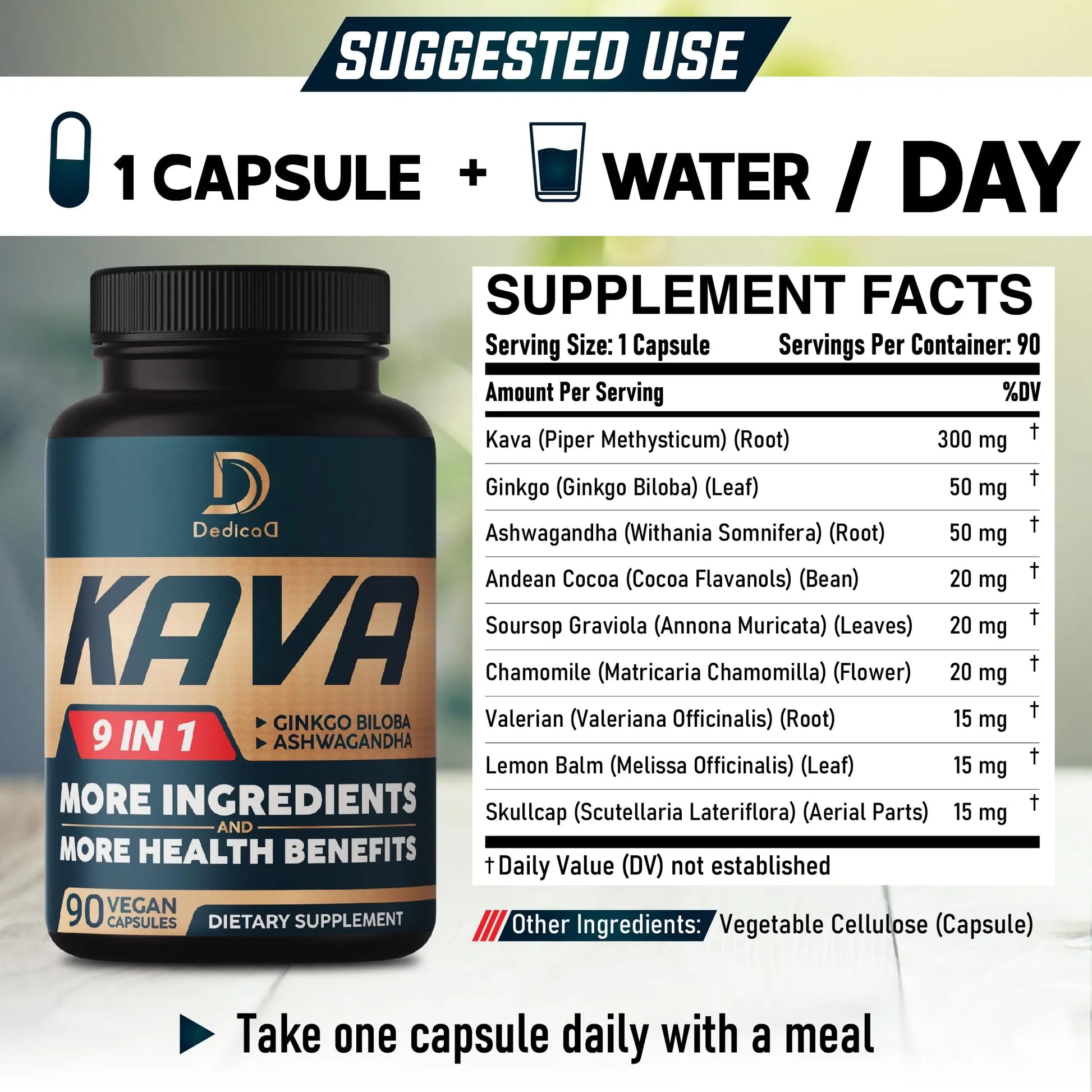DEDICAD Kava Kava Capsules - 3 Month Supply - 9 Herbs with Ginkgo Biloba, Ashwagandha Root, Andean Cocoa, Graviola Leaf, Chamomile, Valerian, Lemon Balm & Skullcap - Support Mood & Immune - 90 Pills DEDICAD Au supplements