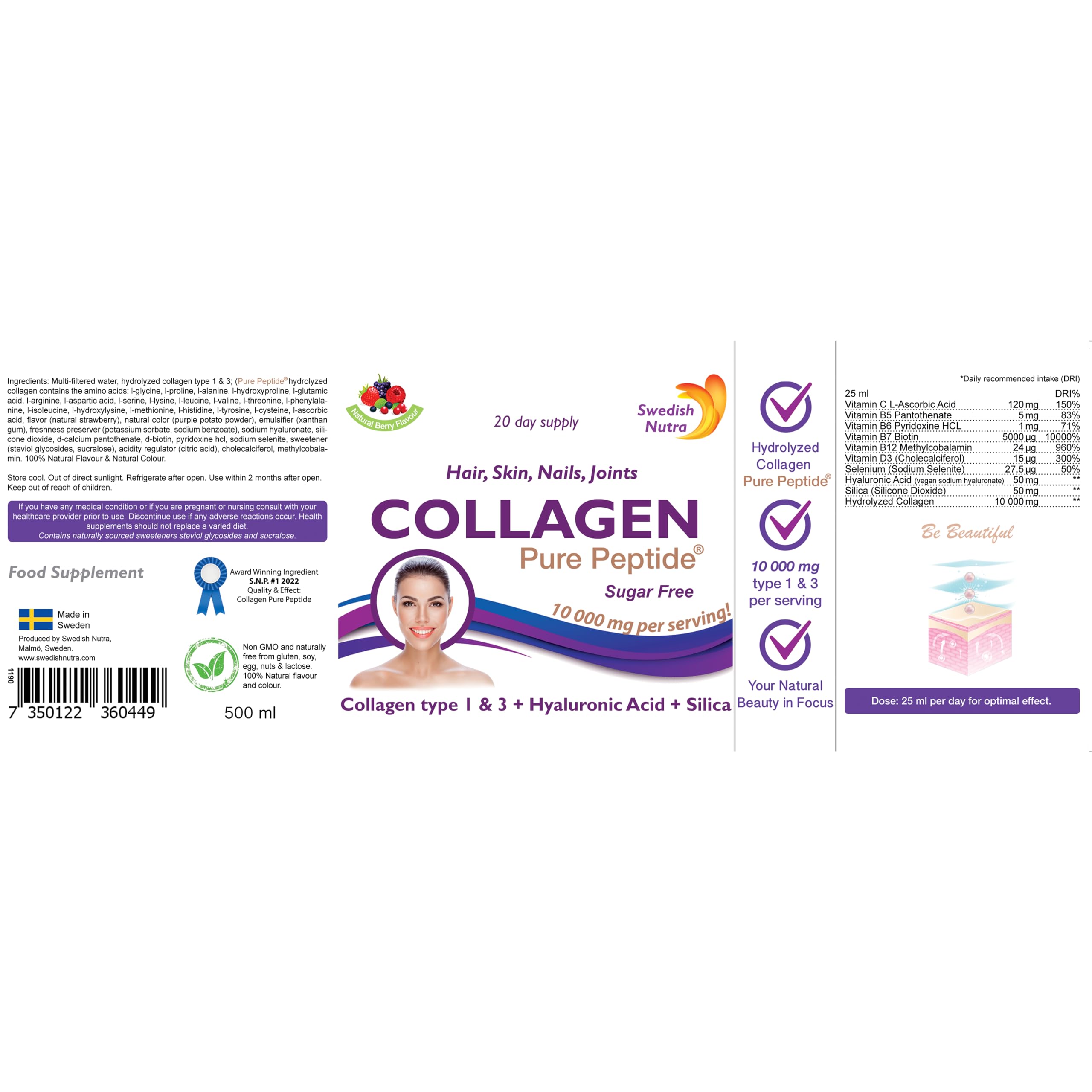 Swedish Nutra Liquid Bovine Collagen - Pack of 500ml, 20 Day Supply | Sugar Free Berry Flavour Swedish Nutra Au supplements