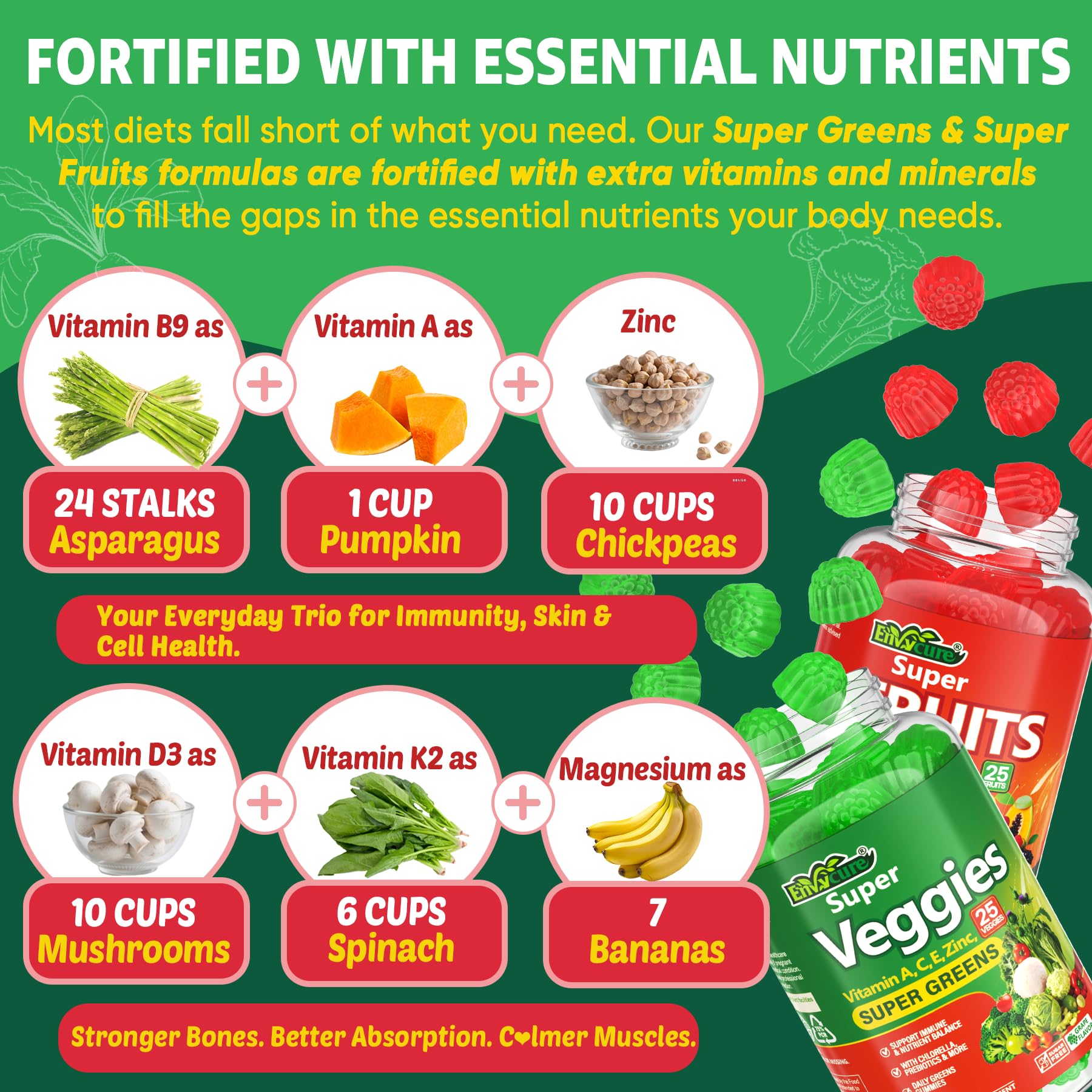 Super Greens Gummies, Daily Green Superfood Supplement w/Spirulina, Chlorella, Mushrooms, Probiotics, Multivitamins, 50+ Super Greens & Veggies Gummies to Boost Immunity, Energy & Gut Health, 120cts EnvyCure Au supplements