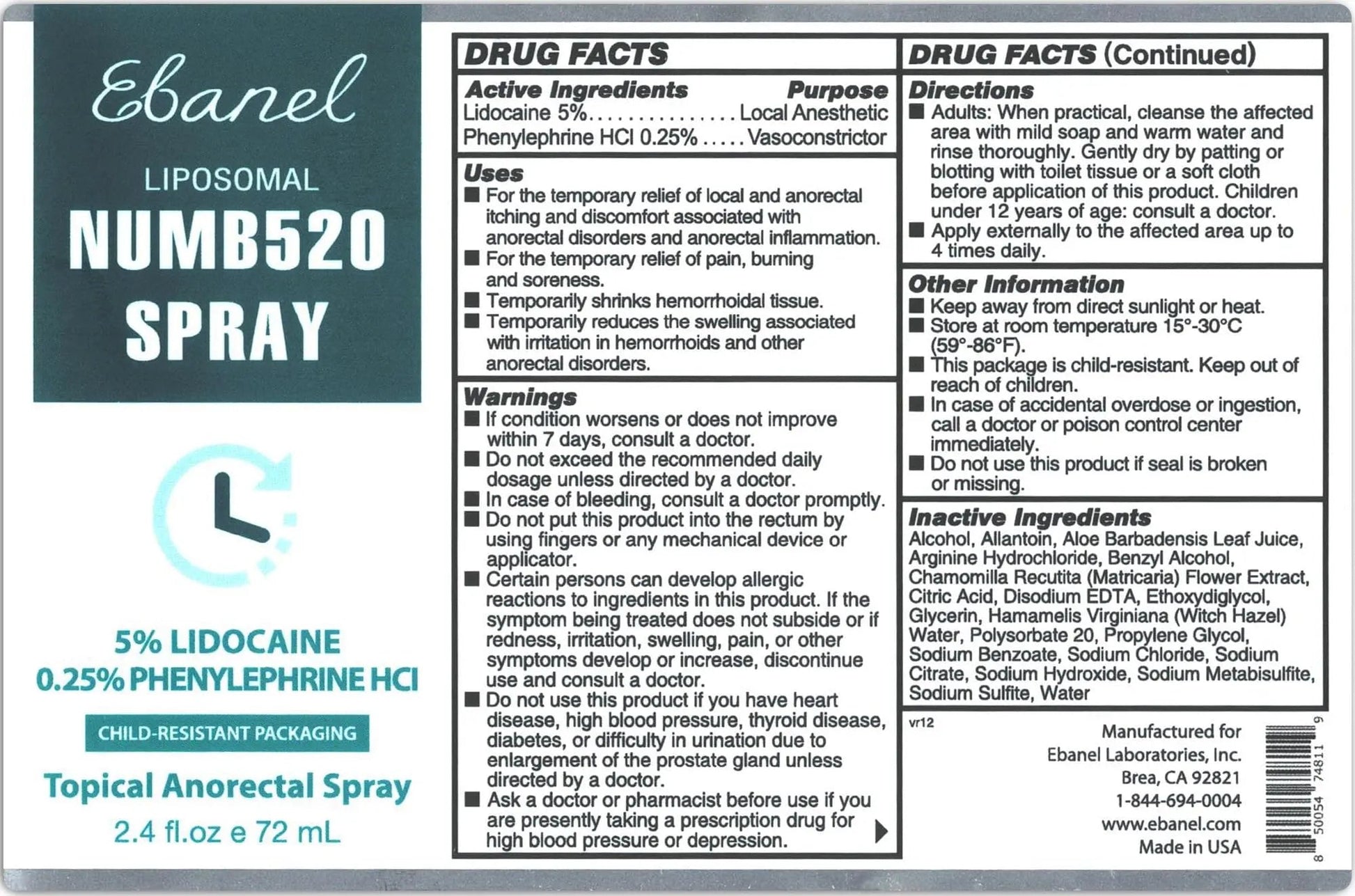 Ebanel 5% Lidocaine Spray Pain Relief Numb520 Burn Itch Relief Numbing Spray for Skin, Topical Anesthetic Postpartum Hemorrhoid Treatment with Phenylephrine for Local and Anorectal Uses EBANEL LABORATORIES Au supplements