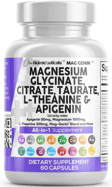 Clean Nutraceuticals Magnesium Glycinate Complex 1000mg with L-Theanine 200mg Apigenin 50mg Citrate Taurate Supplement - 5-HTP GABA Passion Flower Lemon Balm L-Glycine Phosphatidylserine - 60 Count Clean Nutraceuticals Au supplements