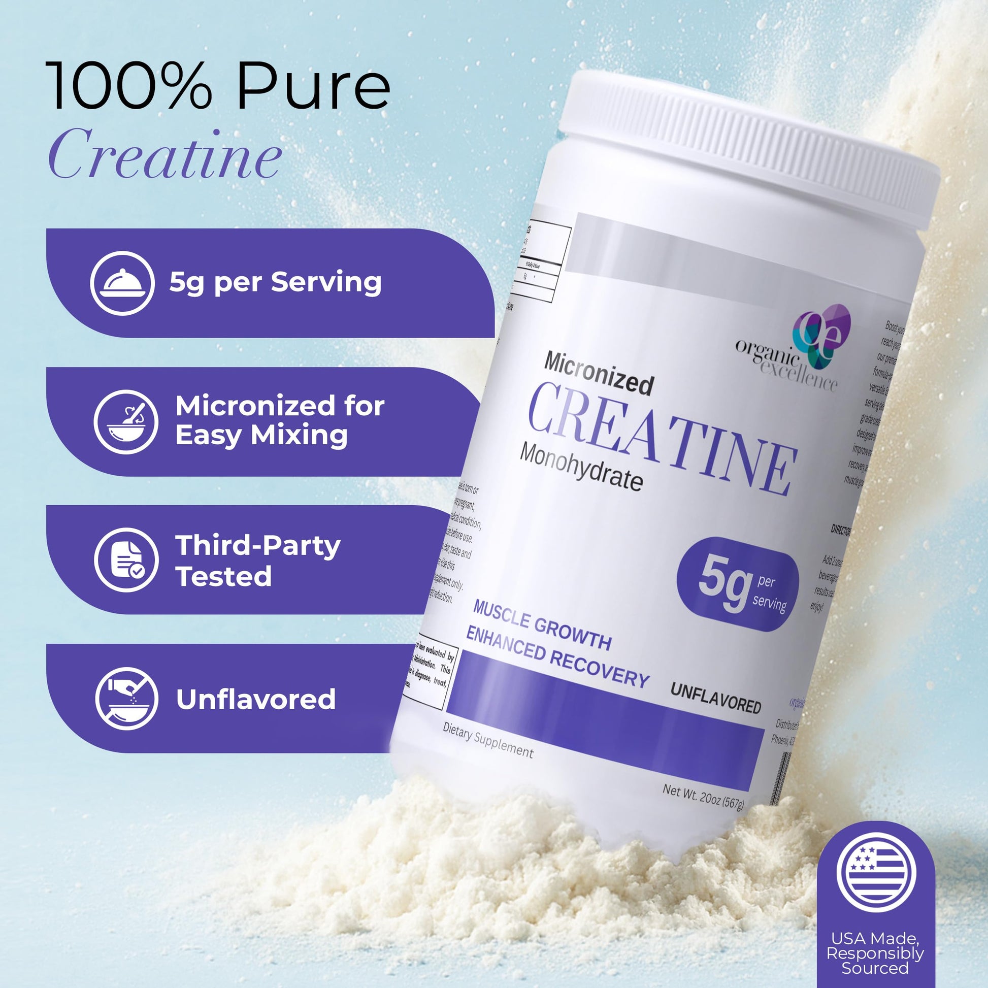 Organic Excellence Creatine Monohydrate – Micronized Creatine Powder for Muscle Growth, Strength & Recovery – Unflavored, 115 Servings Organic Excellence Au supplements