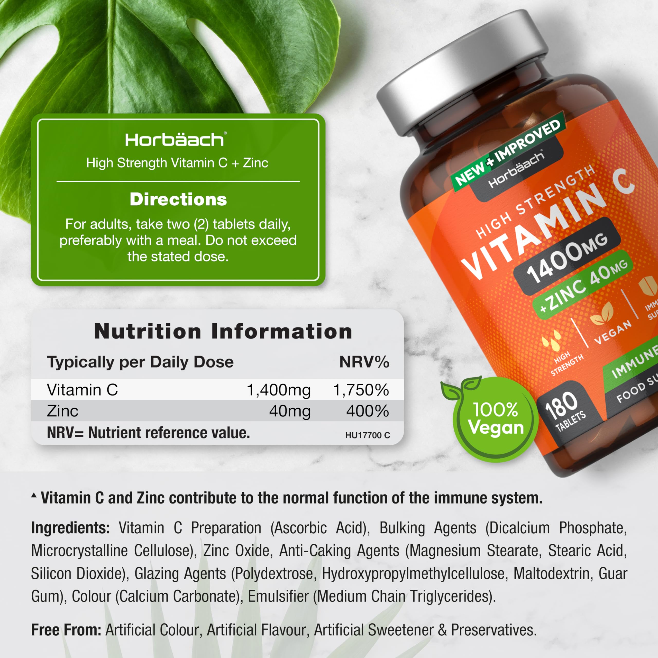 Vitamin C and Zinc | 180 Vegan Tablets | High Strength Vitamin C 1400mg and Zinc 40mg Horbäach Au supplements