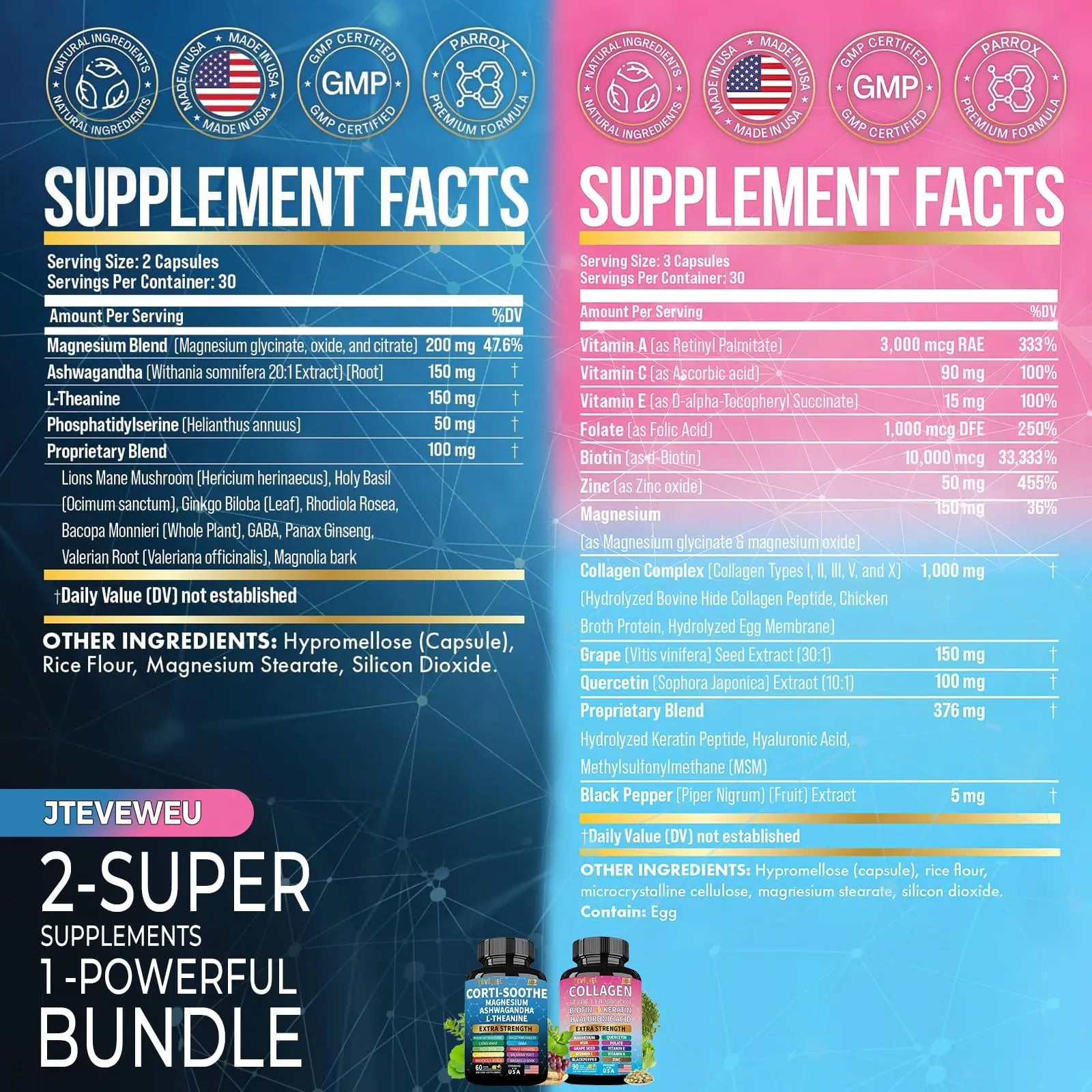 JTEVEweu Shining Serenity Set, Cortisol Support with Ashwagandha, L-Theanine, Magnesium, Lions Mane, GABA, Bacopa Monnieri, Collagen Biotin, Keratin, Hyaluronic Acid, Quercetin JTEVEweu Au supplements