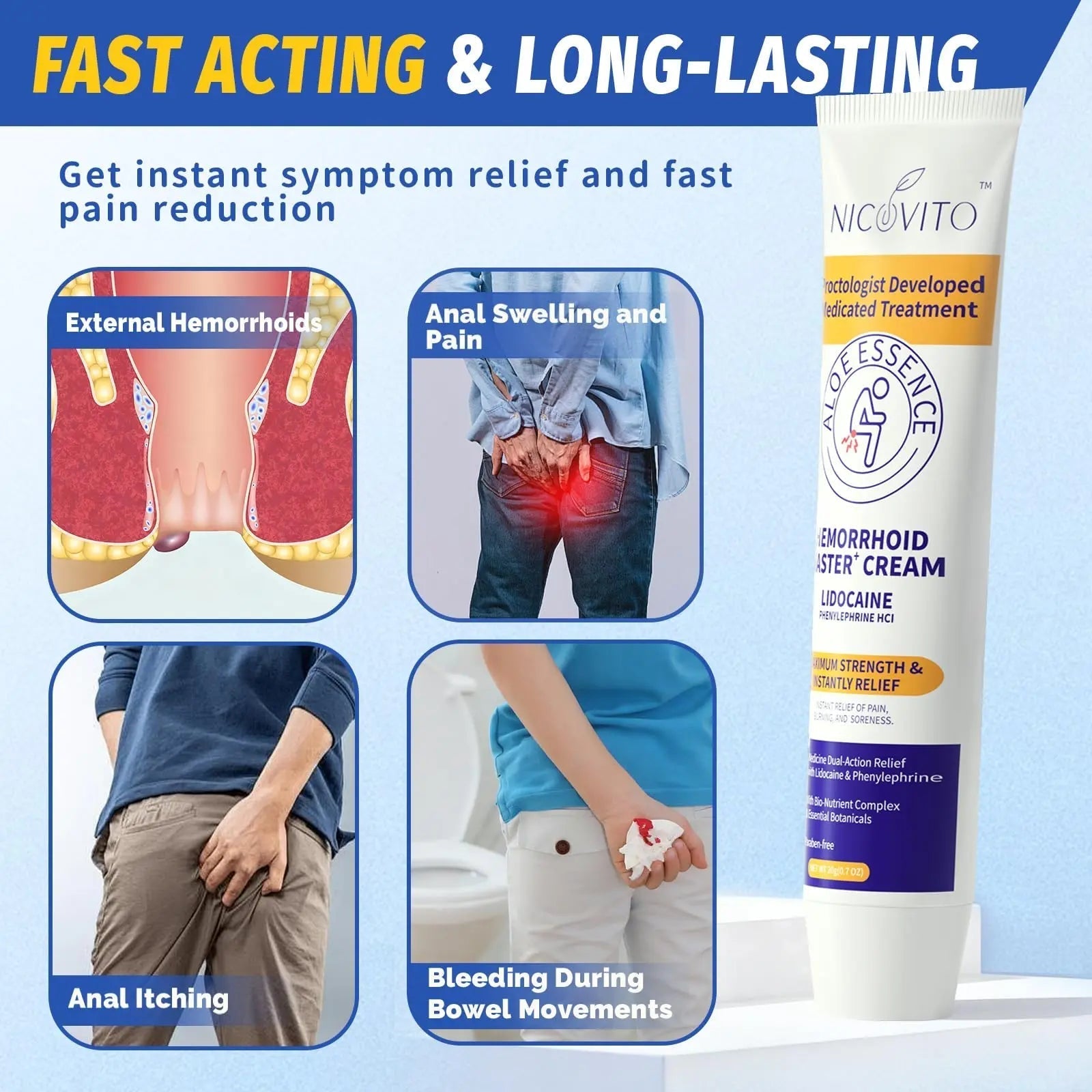 NICOVITO Hemorrhoid & Fissure Treatment Cream, 4% Lidocaine & Phenylephrine HCl Ointment, Maximum Strength Fast Relief for Pain, Itching & Swelling, External Use (0.7 oz) NICOVITO Au supplements