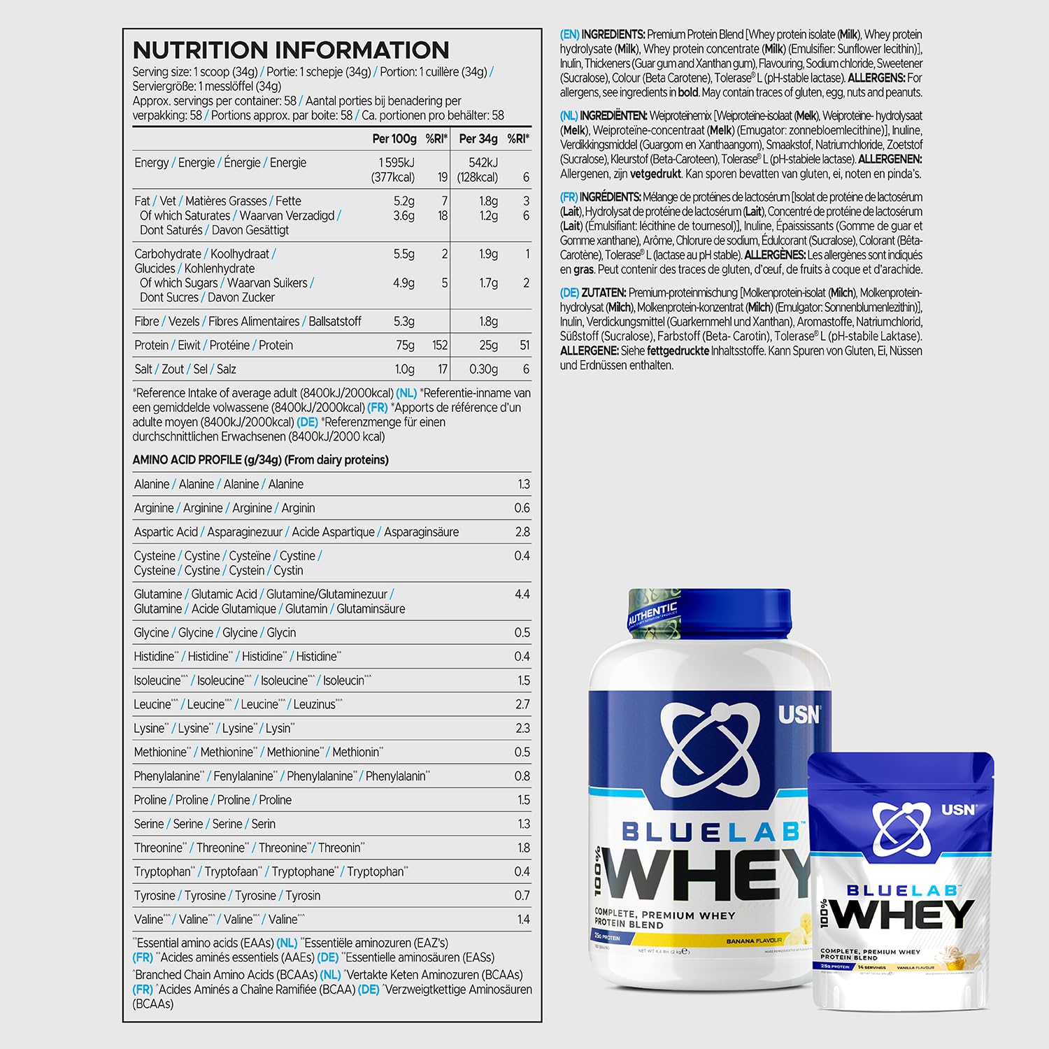 USN Blue Lab Whey Protein Powder: Banana - Whey Protein 908g - Post-Workout USN Au supplements