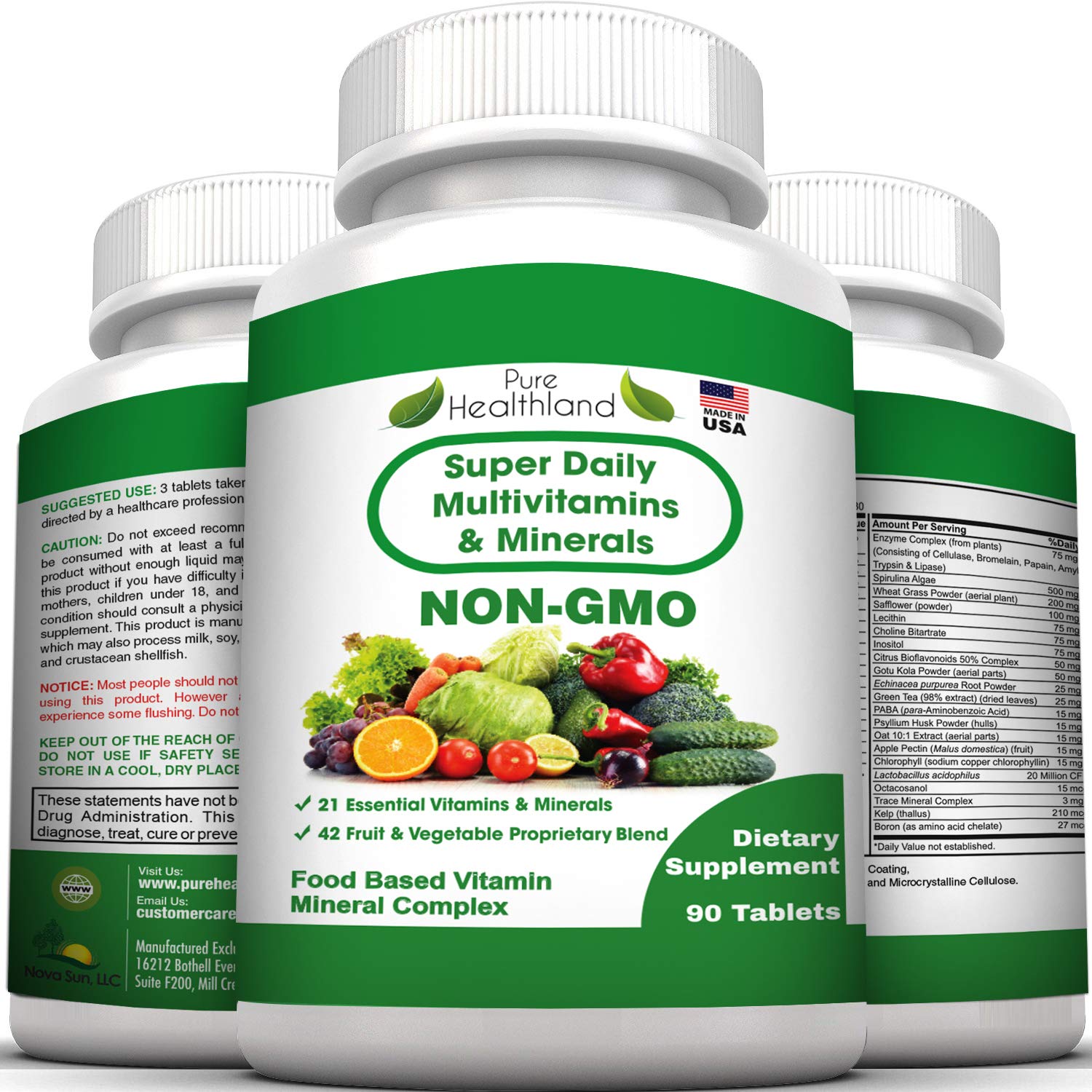 Pure Heathland Non-GMO Super Daily Multivitamin for Adults – 42 Natural Fruits & Vegetables Blend with 21 Essential Vitamins & Minerals – Vegan Coating Tablets, 90 Count, Made in USA Pure Healthland Au supplements