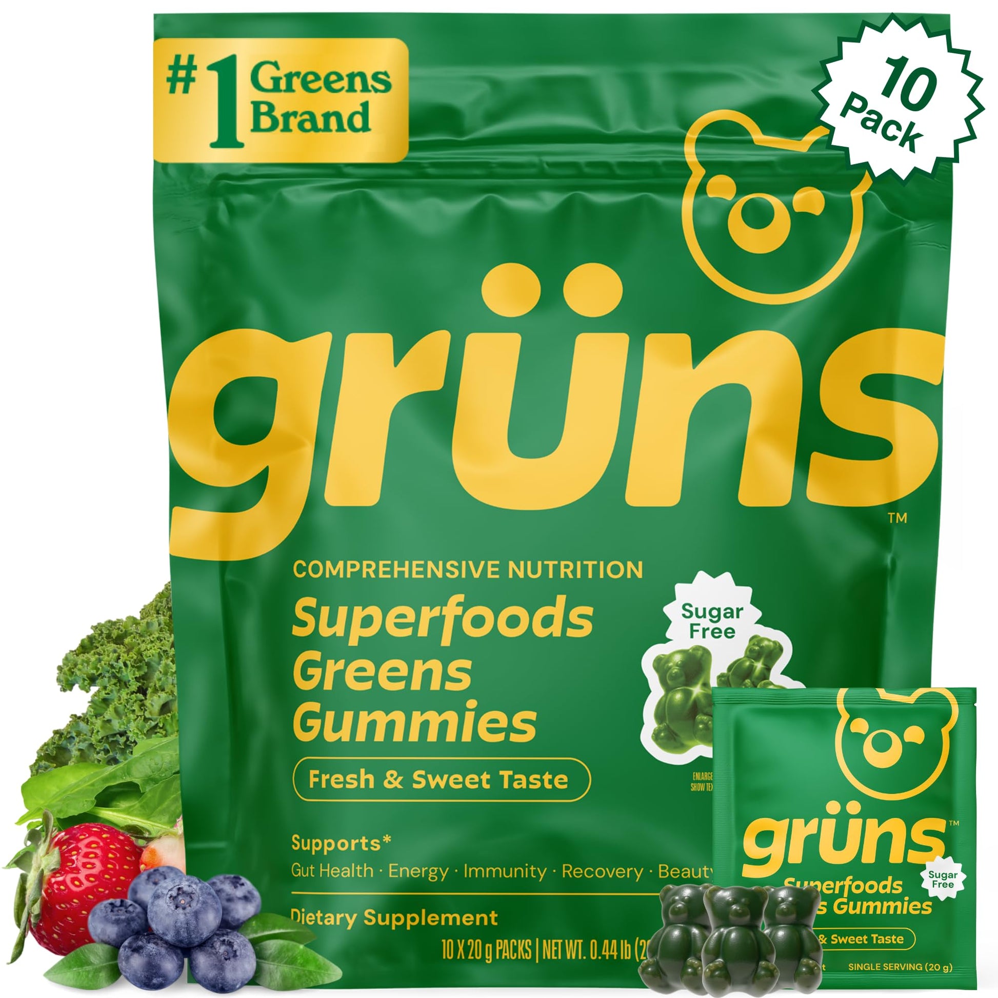 Gruns Sugar-Free Super Greens Gummies, Multivitamin Superfood Gummy Bears, Spirulina, Chlorella, Prebiotics & Fiber gummies for Digestive Health, Adaptogens Supplement, 20 Vitamins & Minerals, 10 pack Grüns Au supplements