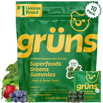 Gruns Sugar-Free Super Greens Gummies, Multivitamin Superfood Gummy Bears, Spirulina, Chlorella, Prebiotics & Fiber gummies for Digestive Health, Adaptogens Supplement, 20 Vitamins & Minerals, 10 pack Grüns Au supplements