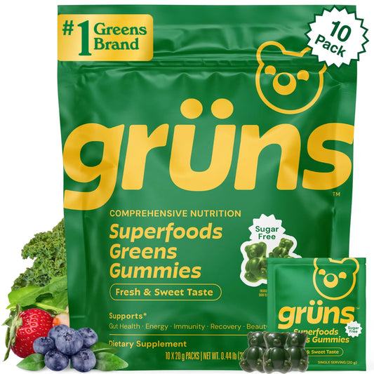 Package of gröns Superfoods Greens Gummies with green and yellow design.