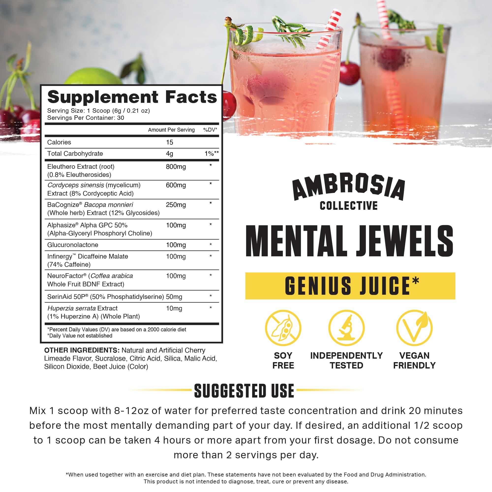Ambrosia Mental Jewels Nootropic Brain Supplement Powder | Alpha GPC, Bacopa & Phosphatidylserine | Memory, Focus & Concentration Support | 30 Servings | Cherry Limeade Ambrosia Au supplements