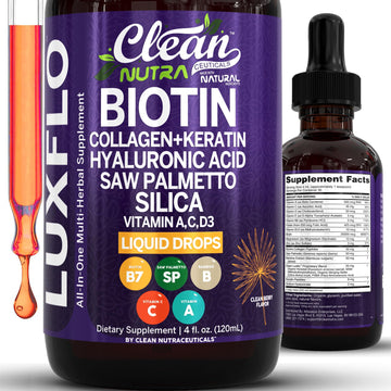 Liquid Biotin & Collagen Keratin Hyaluronic Acid Saw Palmetto Drops Vitamins for Hair Growth Support Silica Vitamin A C D Bamboo Turmeric Zinc Folate Magnesium Horsetail LuxFlo By Clean Nutra Clean Nutraceuticals Au supplements