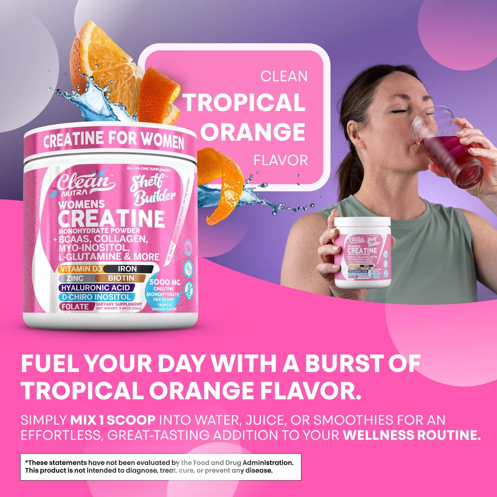 Creatine for Women | Creatine Monohydrate + BCAA Powder Myo-Inositol Collagen Biotin Hyaluronic Acid Folate L Glutamine Vitamin D3 Iron Zinc D-Chiro-Maca Digestion Shelf Builder by Clean Nutra Clean Nutraceuticals Au supplements