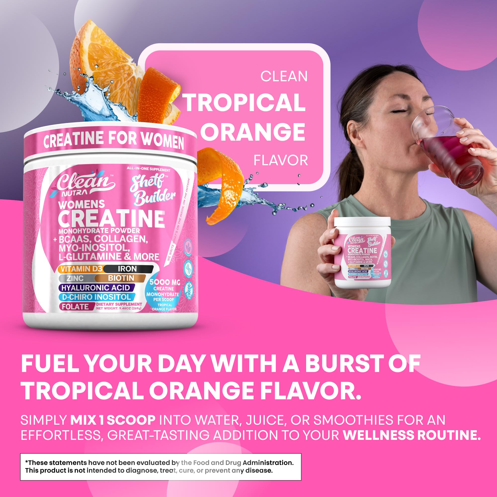 Creatine for Women | Creatine Monohydrate + BCAA Powder Myo-Inositol Collagen Biotin Hyaluronic Acid Folate L Glutamine Vitamin D3 Iron Zinc D-Chiro-Maca Digestion Shelf Builder by Clean Nutra Clean Nutraceuticals Au supplements