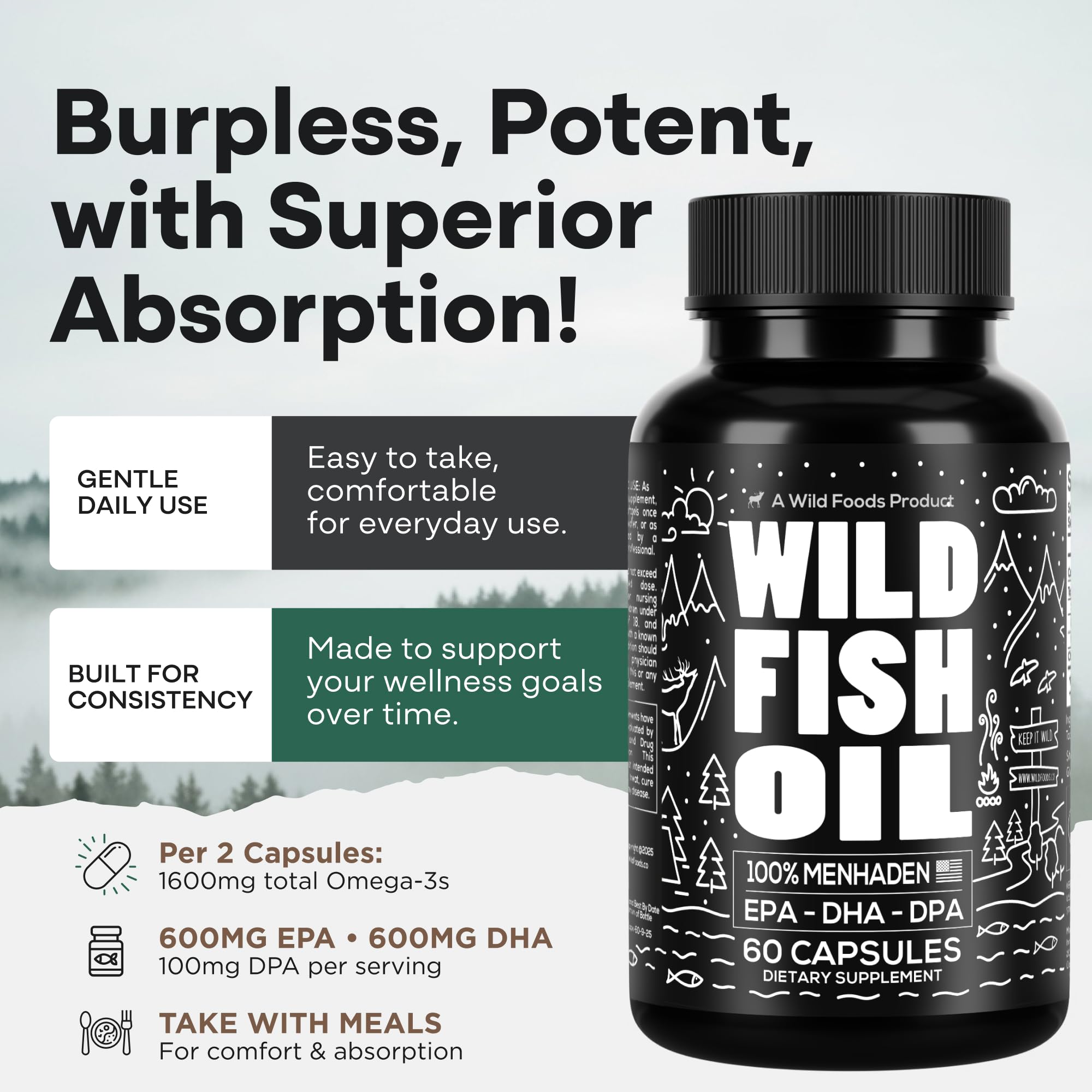 Wild Foods Fish Oil Omega 3 Supplements | 1600 mg | Highly-Potent: DPA, DHA, EPA | Burpless, Odorless, Non-GMO, Gluten Free | For Brain & Heart Health, Joint Support | 60 Capsules (1 pk) | 30 Servings Wild Foods Au supplements