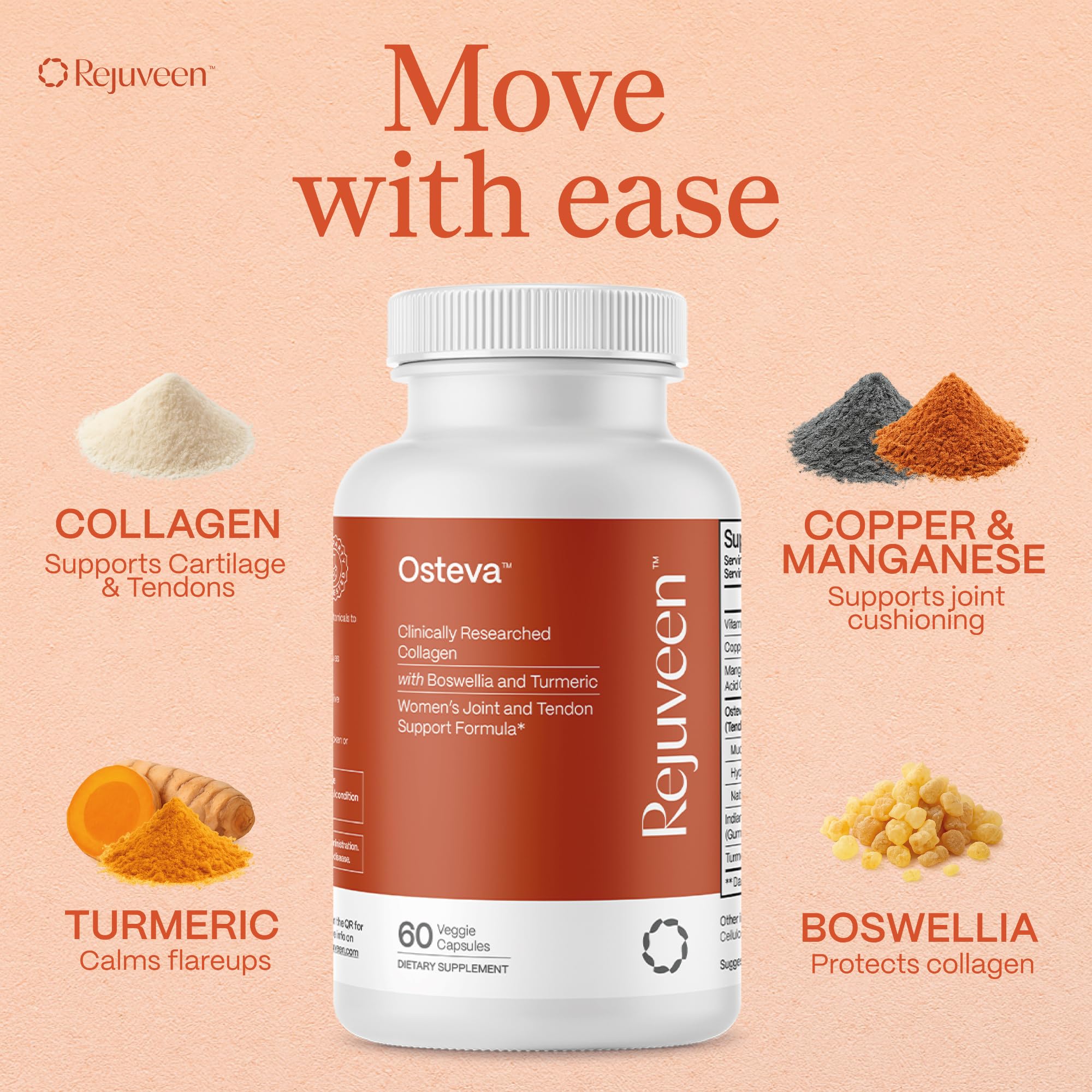 Rejuveen Osteva Joint Support Supplement for Women | High Potency Collagen, Turmeric, Boswellia | for Flexible Cartilage & Tendons, Resilient Knees & Hip, Improved Mobility | Non-GMO, 60 Ct Rejuveen Au supplements