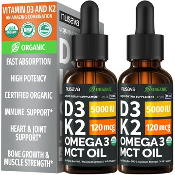 (2 Pack) Organic Vitamin D3 K2 Drops with MCT Oil Omega 3, 5000 IU, Maximum Strength Vitamin D Liquid, No Fillers, Non-GMO Liquid D3 for Faster Absorption and Immune Support (Unflavored, 2 Fl Oz) NUSAVA Au supplements