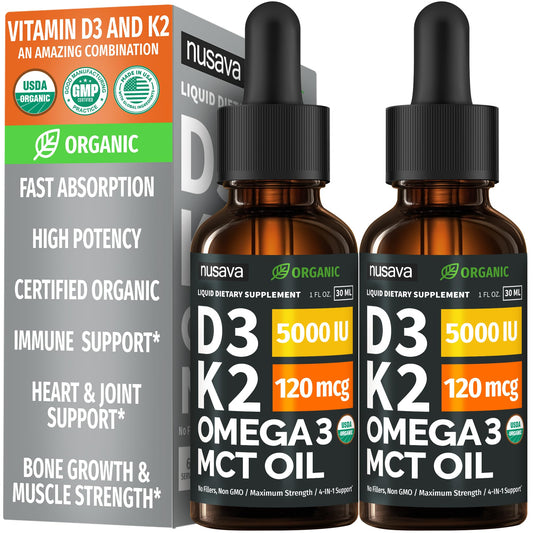 (2 Pack) Organic Vitamin D3 K2 Drops with MCT Oil Omega 3, 5000 IU, Maximum Strength Vitamin D Liquid, No Fillers, Non-GMO Liquid D3 for Faster Absorption and Immune Support (Unflavored, 2 Fl Oz) NUSAVAAu supplements