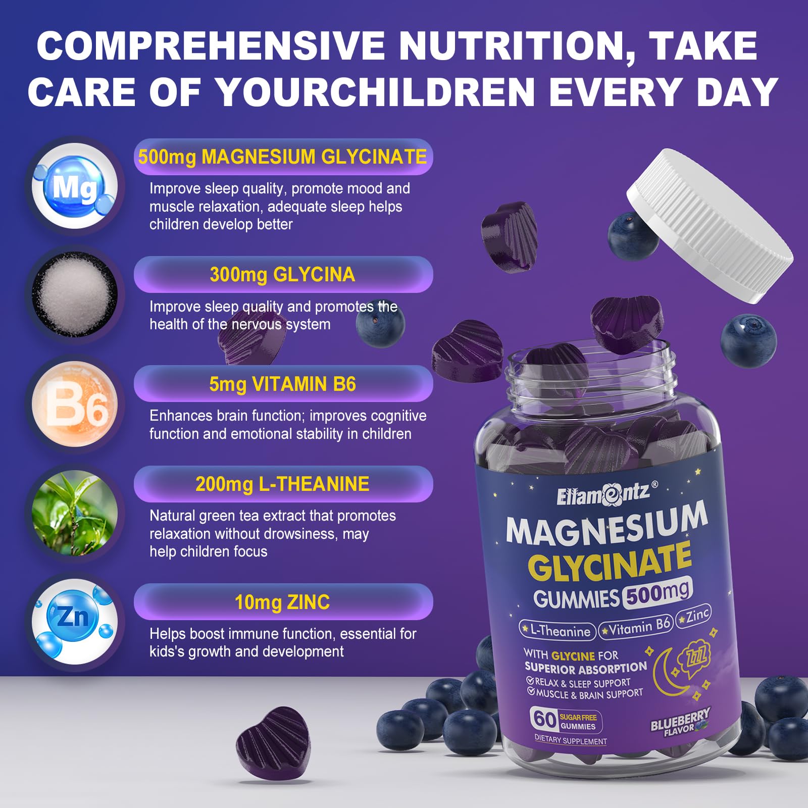 Magnesium Glycinate Gummies 500mg/250mg for Adults Kids Teens, Sugar Free Magnesium Calm Sleep Aid, Kids Sleep Gummies with L-Theanine Glycine B6 for Sleep, Calm, Muscle,Relax Brain,No Melatonin,2Pack ELLAMENTZ Au supplements