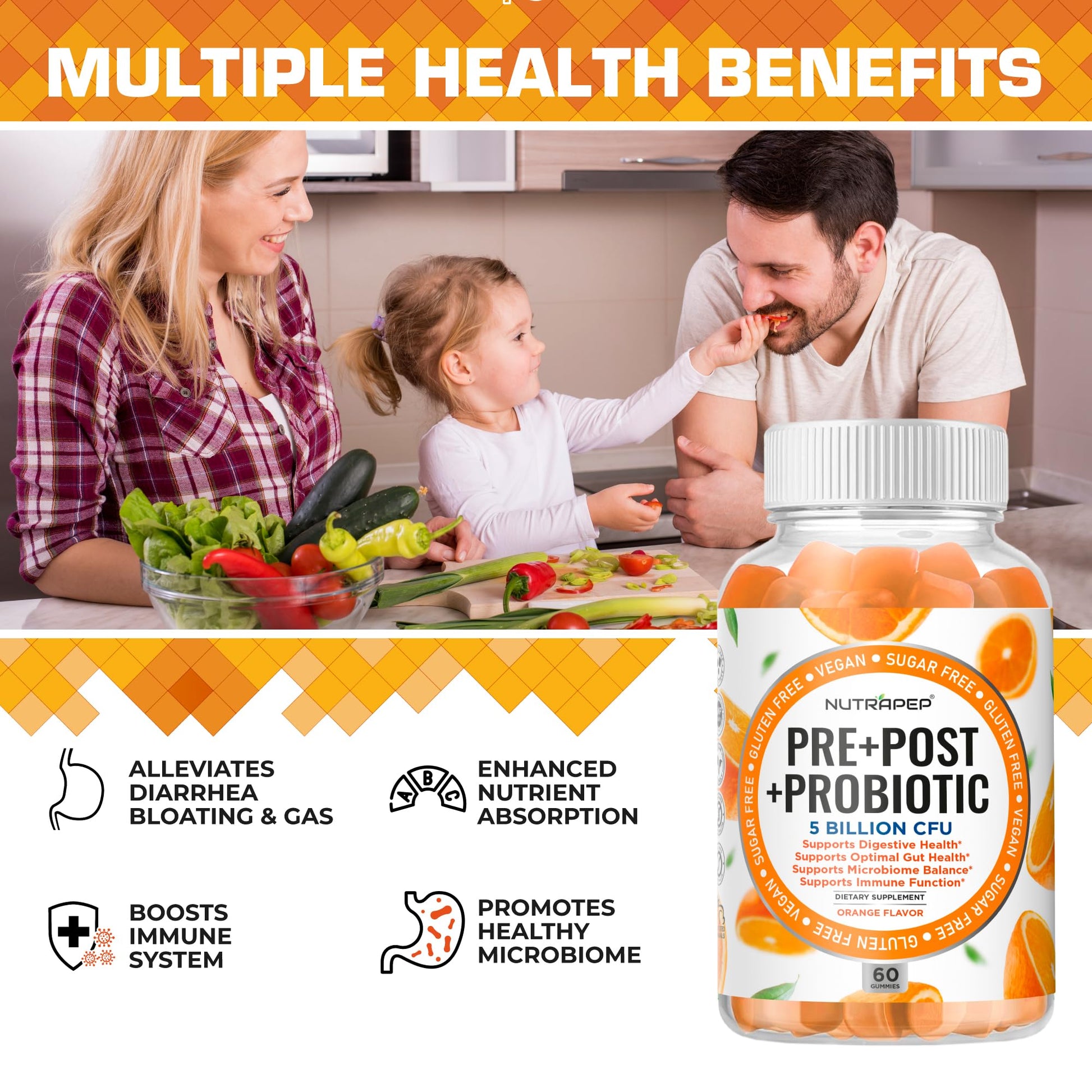 NutraPep Prebiotic Probiotic & Postbiotic Gummies for Women Men & Kids Children - High Potency 5 Billion CFU - Sugar-Free & Gluten 60 Count (Pack of 2) NutraPep Au supplements