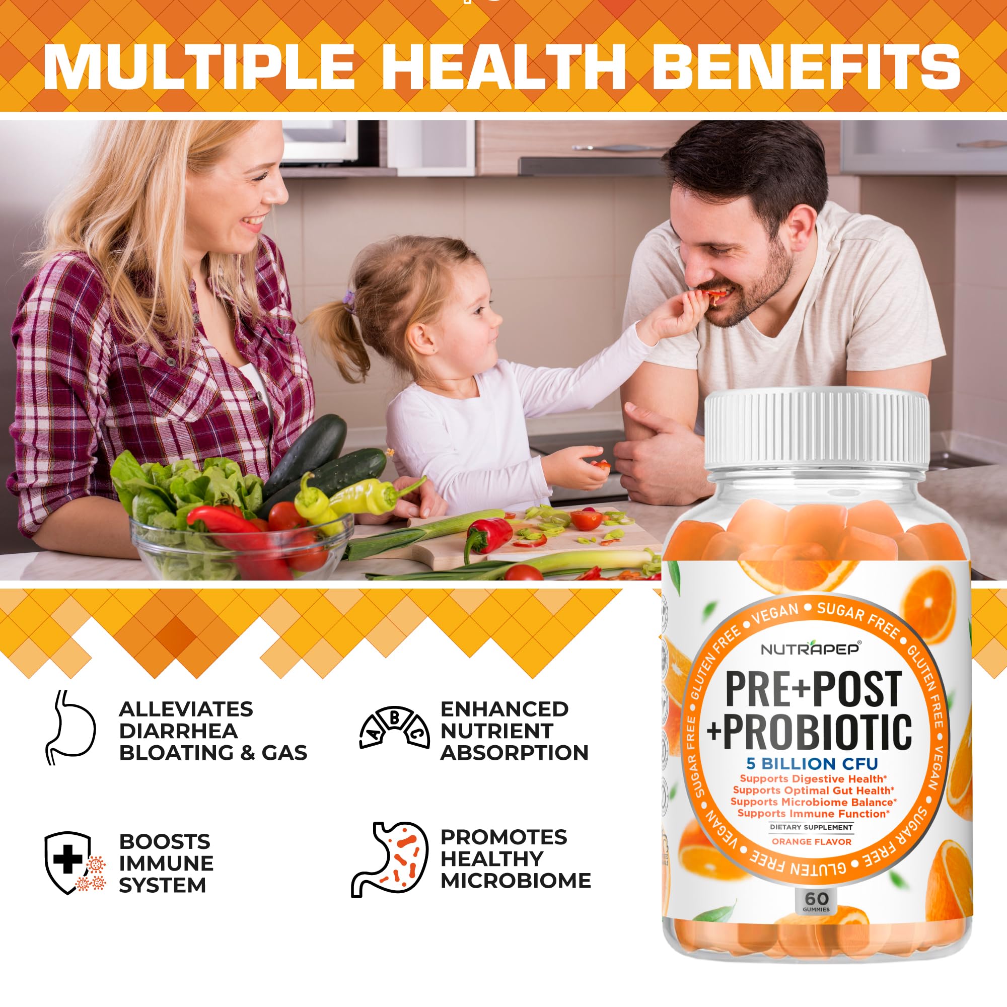 NutraPep Prebiotic Probiotic & Postbiotic Gummies for Women Men & Kids Children - High Potency 5 Billion CFU - Sugar-Free & Gluten 60 Count (Pack of 2) NutraPep Au supplements