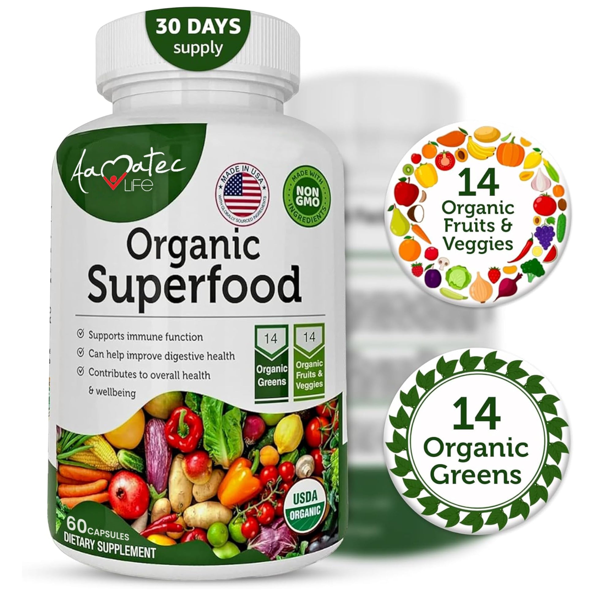 AAMATEC LIFE Organic Superfood Greens Fruits and Veggies Complex - Dietary Supplement with 14 Greens &14 Vegetables with Alfalfa Rich in Antioxidants Organic Ingredients Non-GMO (120 Count Pack of 2) AAMATEC LIFE Au supplements