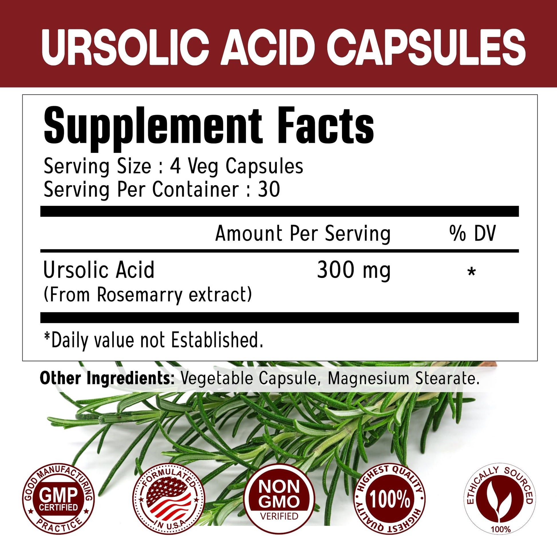 Immortal Herbs Pure Ursolic Acid Supplement 300mg, 120 Pills, Rosemary Leaf Extract Powder, Non-GMO and Gluten-Free Ursolic Acid Capsules for Women and Men Immortal Herbs Au supplements