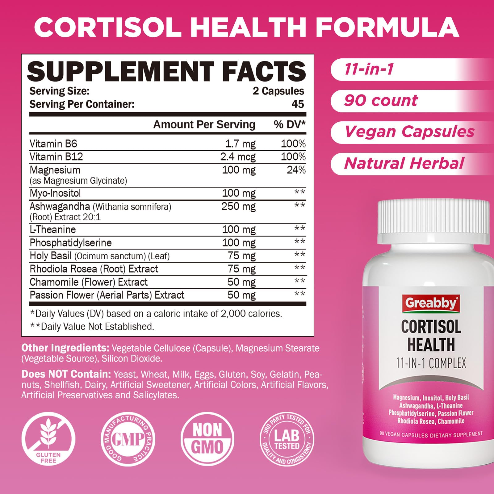 GREABBY Cortisol Supplements for Women, 11-in-1 Formula with Ashwagandha, L-Theanine, Phosphatidylserine and More, Lower Cortisol Health Support, 90 Vegan Capsules GREABBY Au supplements