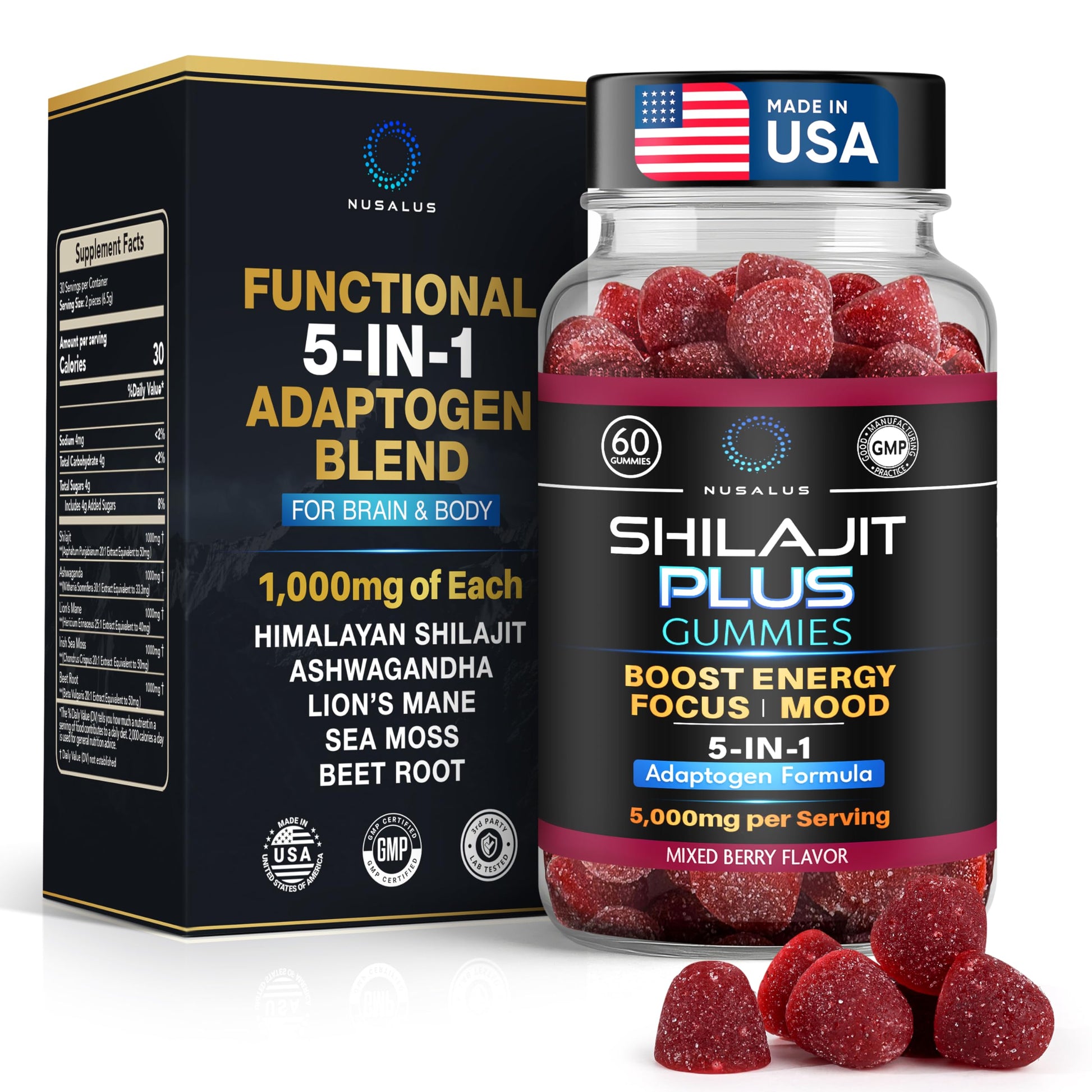 Nusalus Shilajit Plus Gummies – 5-in-1 Adaptogen Energy & Focus Supplement | Shilajit, Ashwagandha, Lion’s Mane, Sea Moss & Beet Root | Natural Energy & Stress Support | Made in USA, Vegan, 60ct Nusalus Au supplements