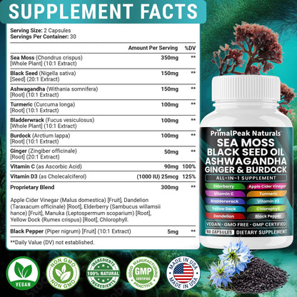 PrimalPeak Naturals Sea Moss Black Seed Oil Ashwagandha Ginger Burdock Bladderwrack Turmeric & Vitamin C Vitamin D3 with ACV Elderberry Chlorophyll Dandelion Yellow Dock Vegan Capsules - 60 Count PrimalPeak NaturalsAu supplements