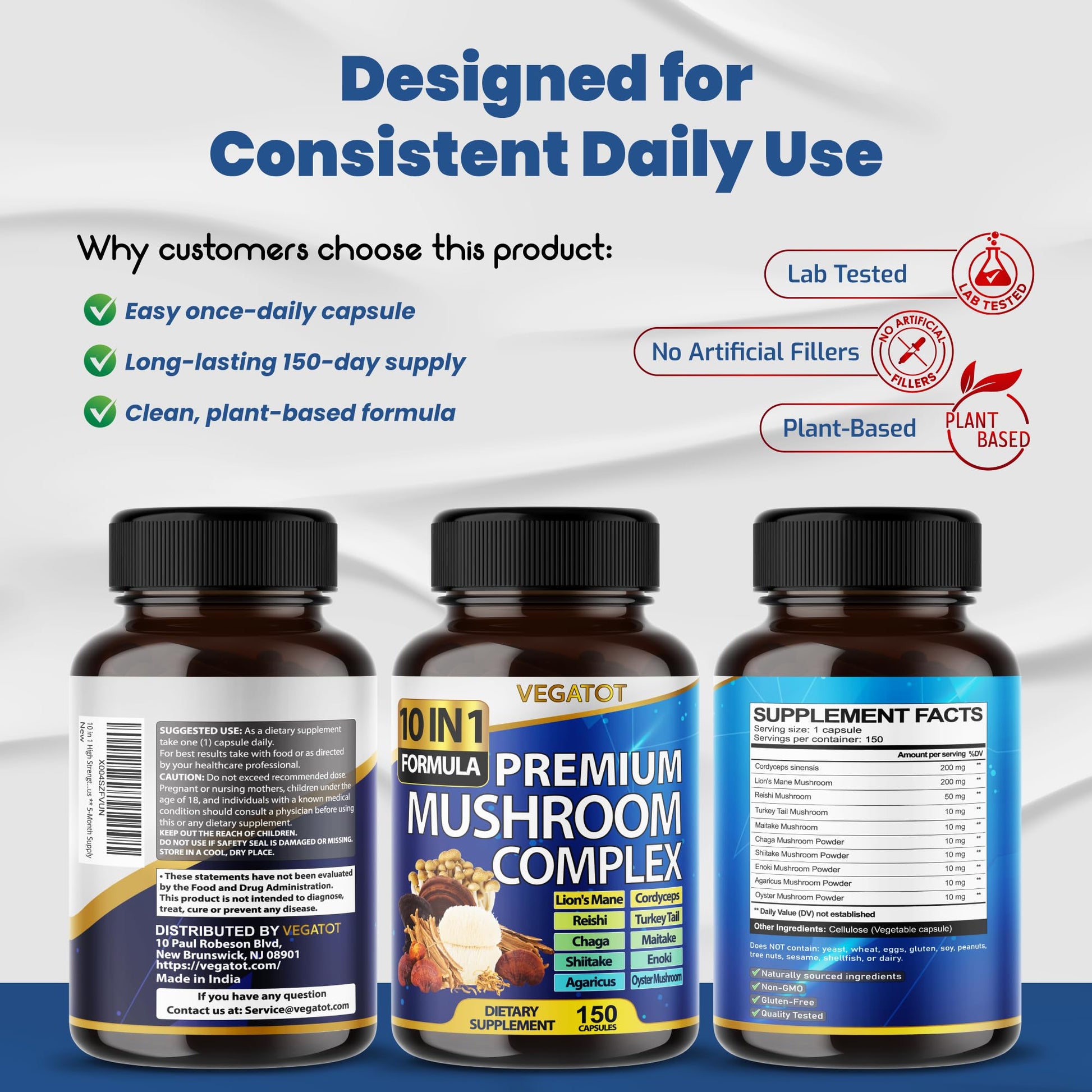 10 in 1 High Strength Mushroom Supplement - Lions Mane, Cordyceps, Reishi - Brain Supplements for Memory and Focus ** 5-Month Supply VEGATOT Au supplements