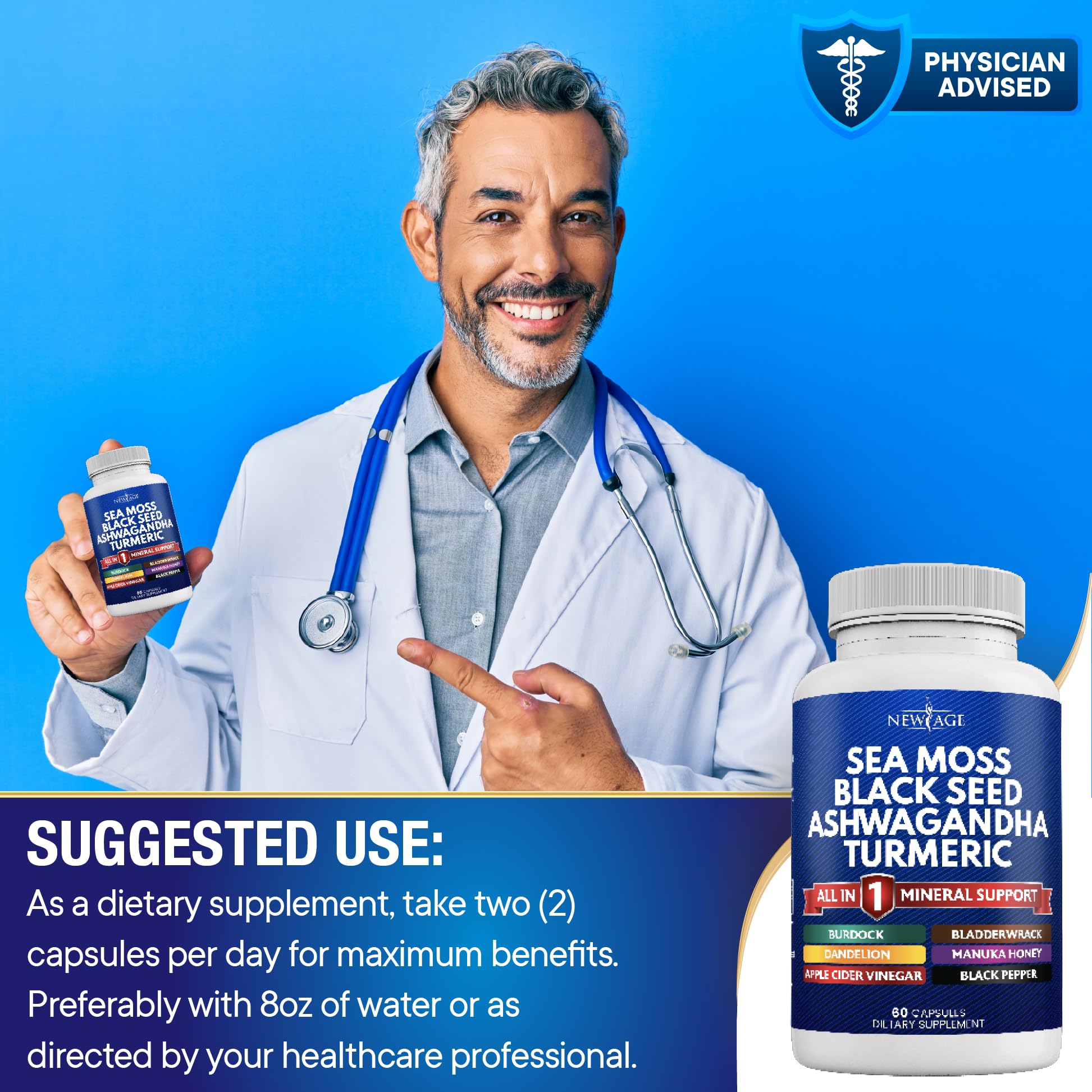 Silica Sea Moss 3000mg Black Seed Oil 2000mg Ashwagandha 1000mg Turmeric 1000mg NEW AGE Au supplements