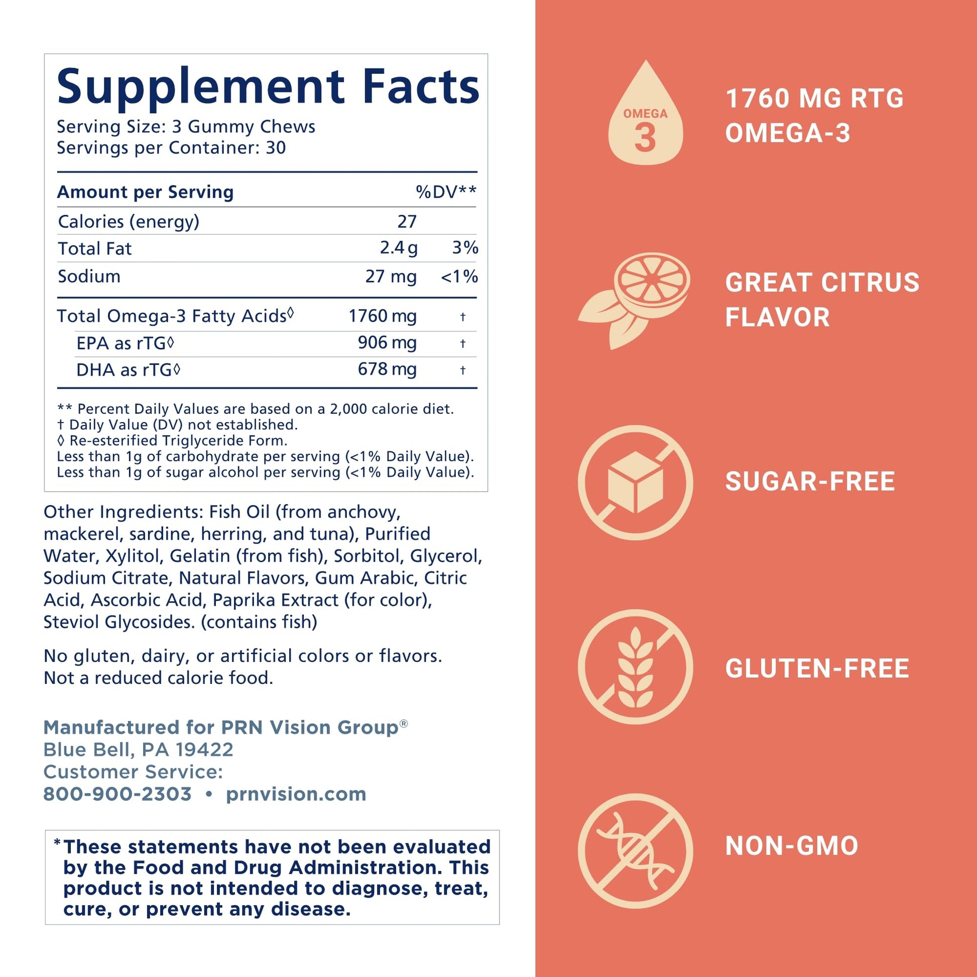 Omega 3 Gummy Chewables - 90 Gel Chews, 30-Day Supply, Citrus Flavor - 1760mg Ultra-Pure rTG Omega 3 for Eye, Heart, Brain, Joint & Immune Health PRN Physician Recommended Nutriceuticals Au supplements